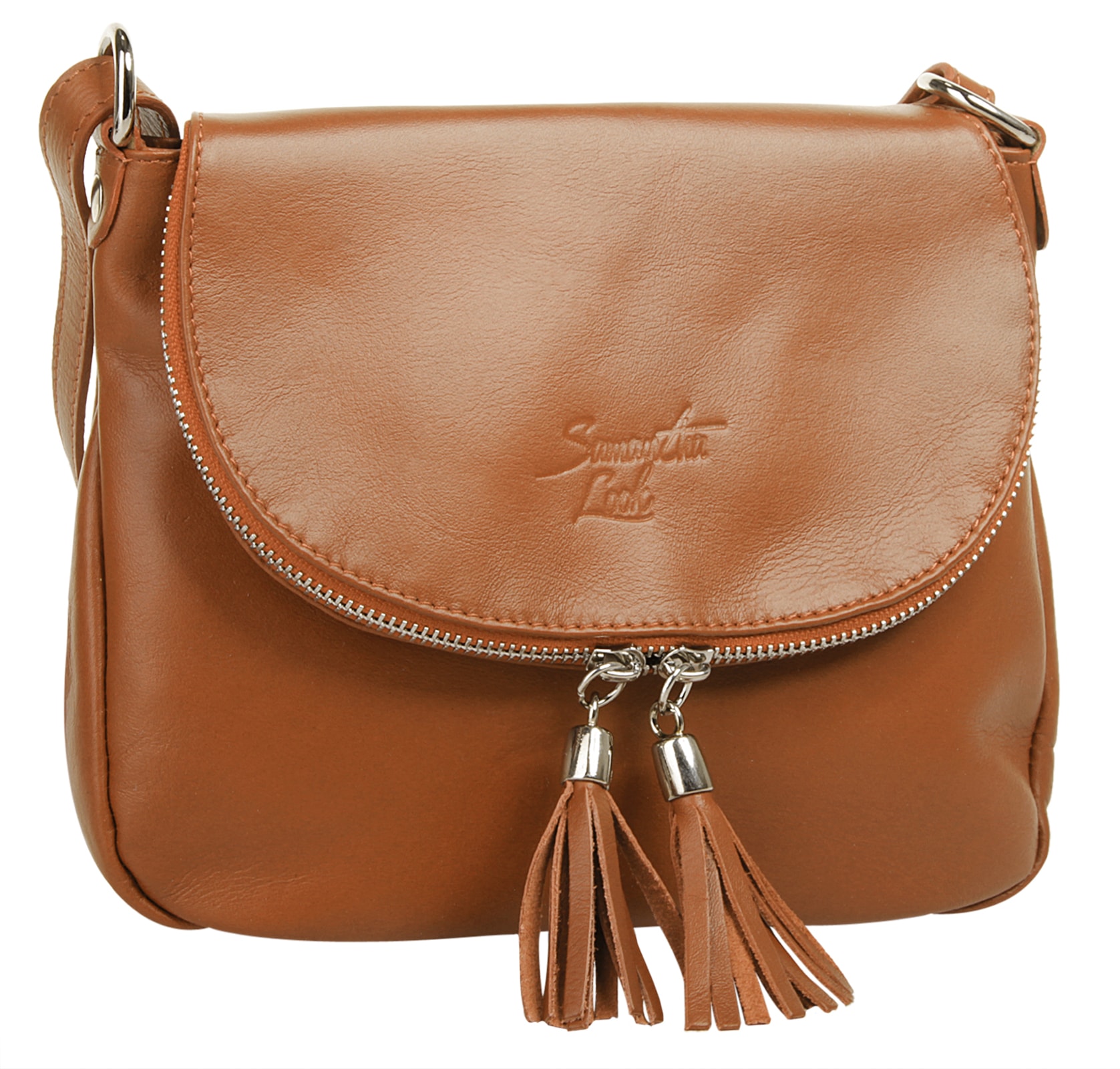 Umhängetasche SAMANTHA LOOK, Damen, Gr. B/H/T: 24cm x 19cm x 8cm onesize, braun (cognac), Leder, leicht glänzend, unifarben, Taschen Umhängetasche, echt Leder, Made in Italy 2