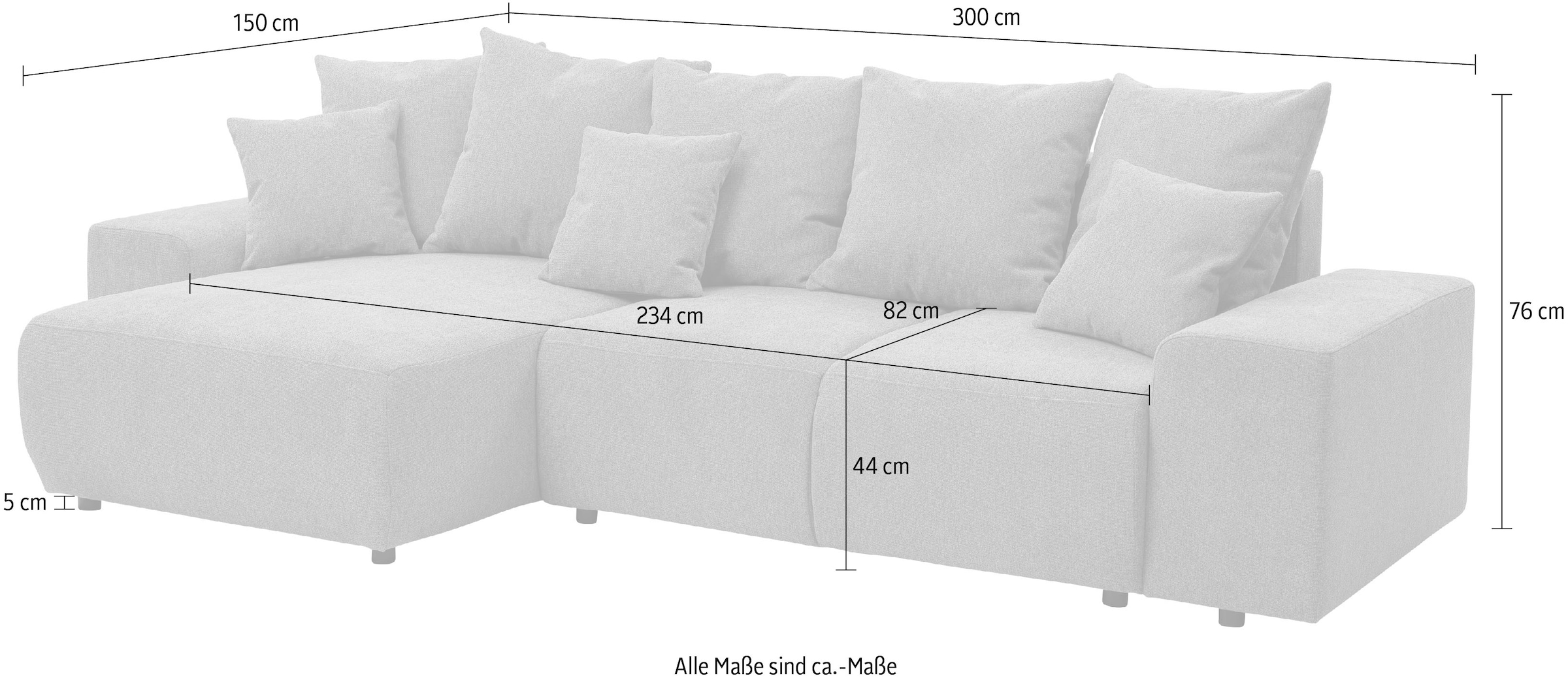 WERK2 Ecksofa »Riwa, modernes Sofa zum Kuscheln und Entspannen, Breite 300cm, L-Form«, Trendiges Ecksofa mit vielen Kissen, Schlaffunktion & Bettkasten