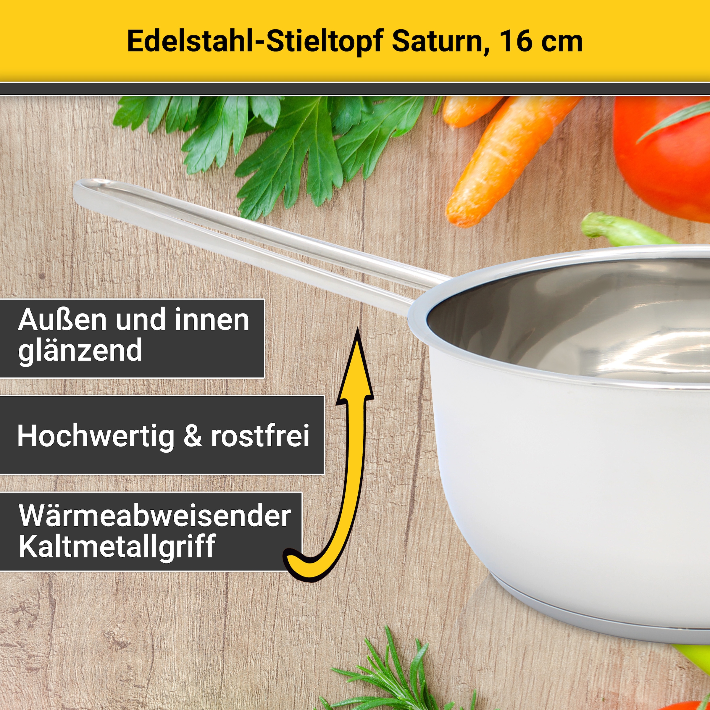 Krüger Kasserolle »Saturn«, Edelstahl, (1 tlg.), Ø 16 cm, Glasdeckel für praktisches Sichtkochen