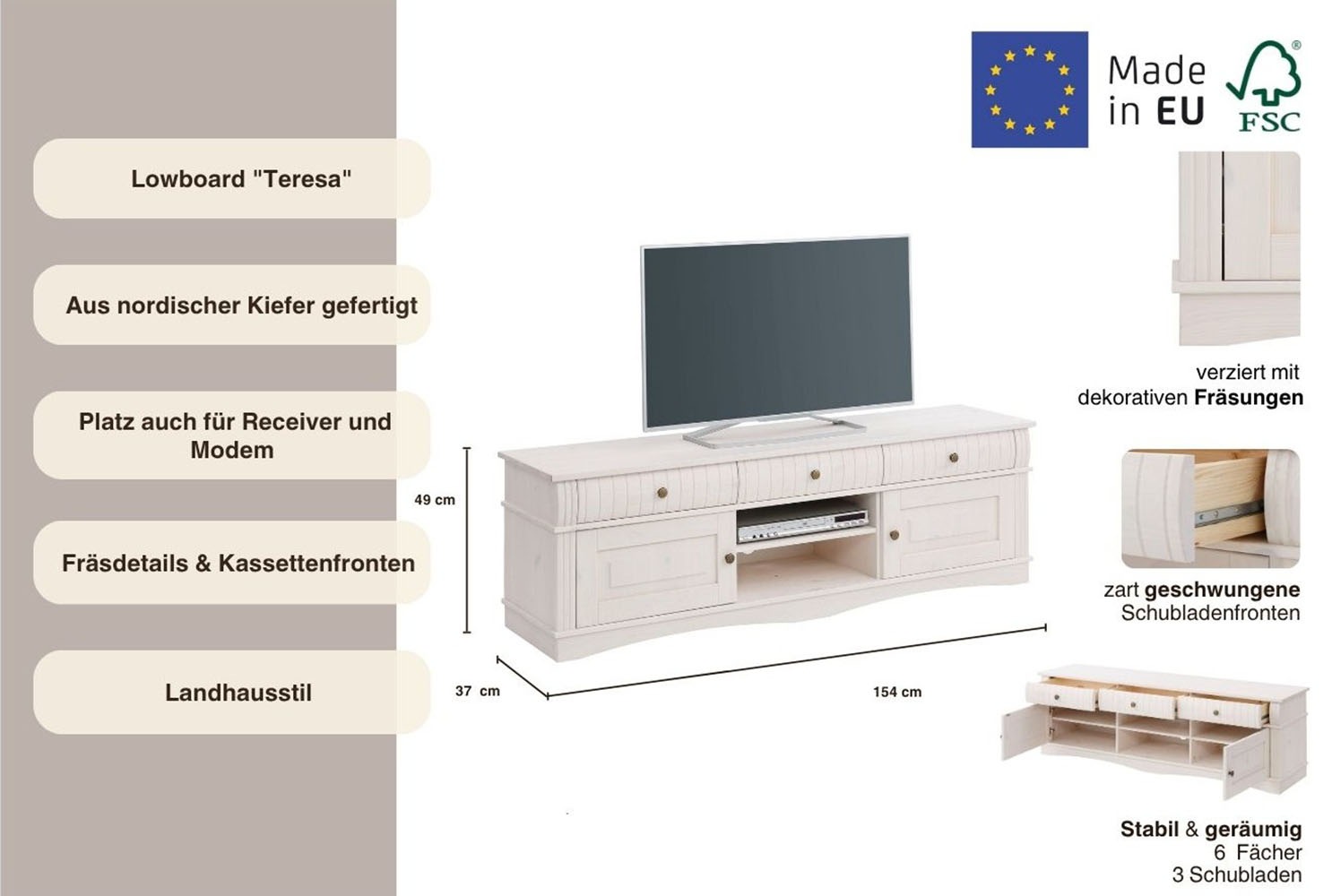 Thumbnail - OTTO home Lowboard "Teresa" Maße (B/T/H): 154/37/49 cm, Kommode aus massiver Kiefer, Breite 154 cm