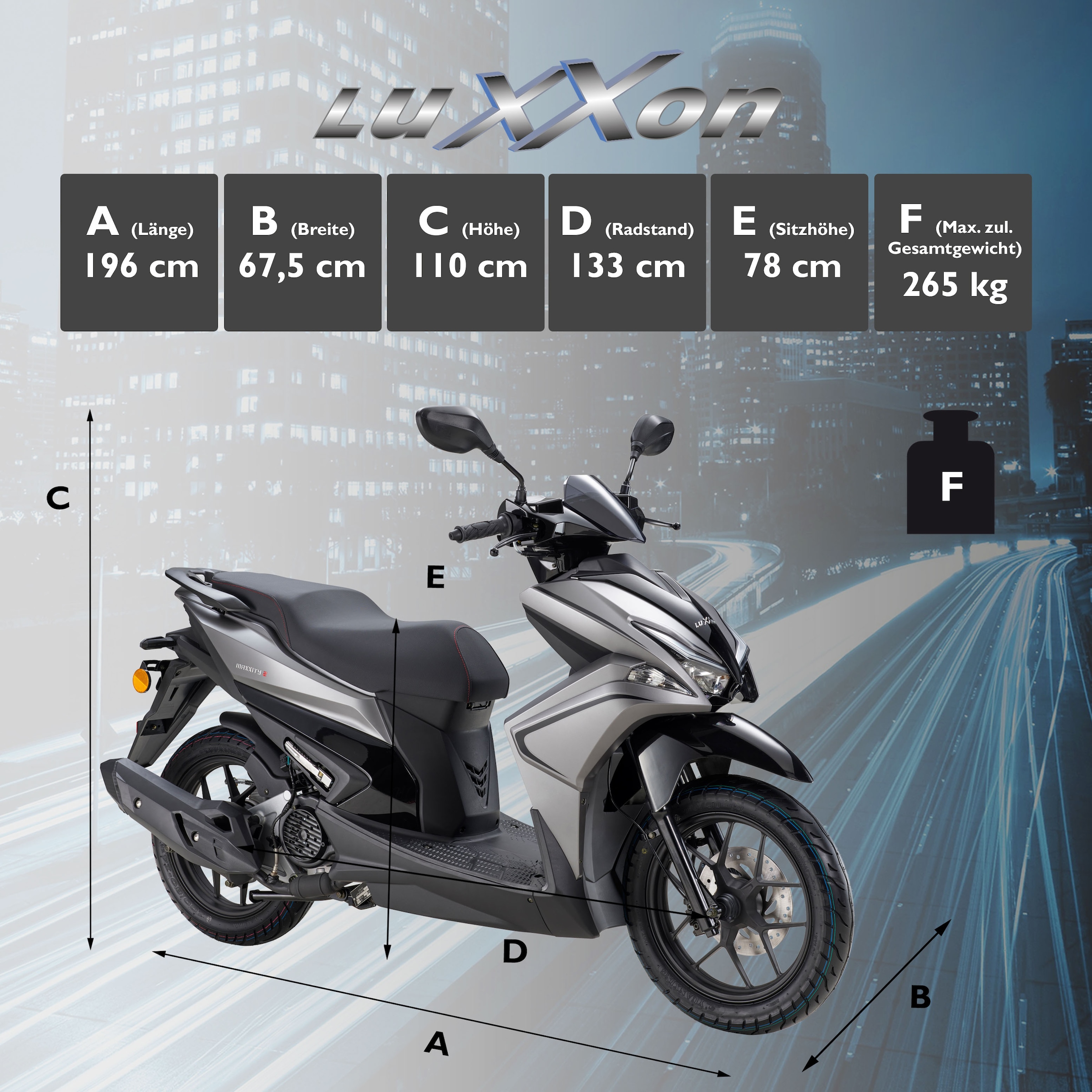 Luxxon Motorroller »MaXXity 2 125, E5+, grau«, 125 cm³, 85 km/h, Euro 5+, 8,2 PS, USB zum Laden externer Geräte (5V)