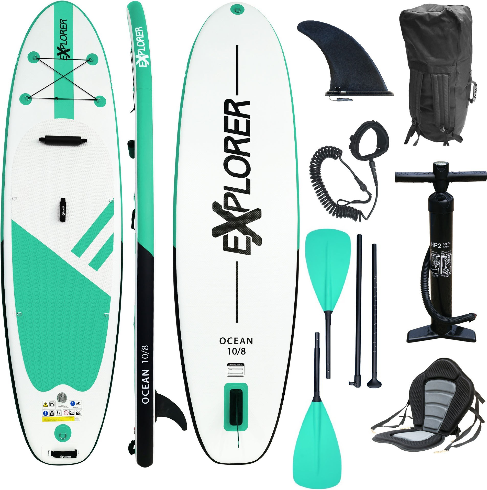 EXPLORER SUP-Board "Ocean 10‘8“ Aufblasbares Stand Up Paddle Set (325x84x15cm)", 325cm, grün, Wassersportboards