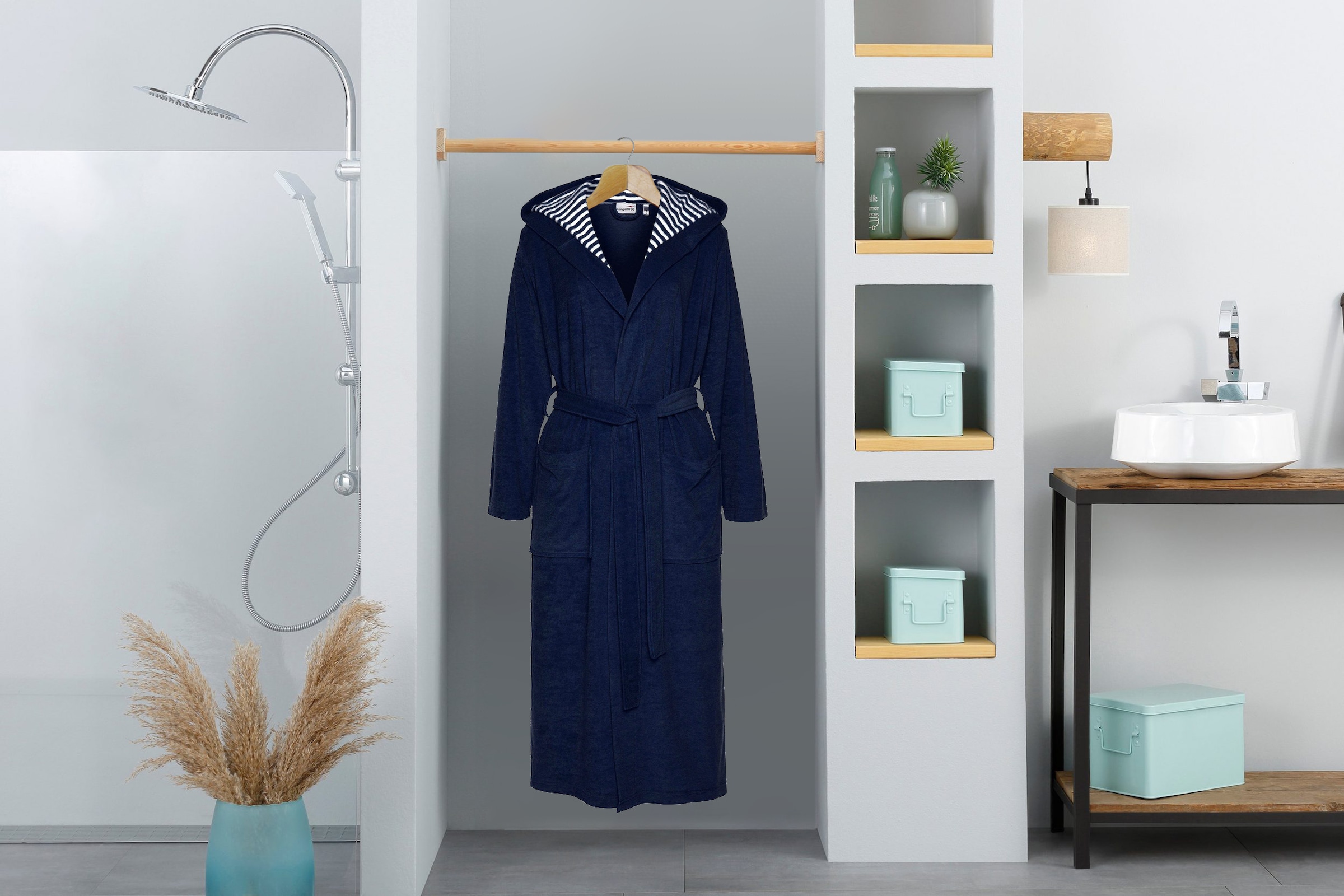 KangaROOS Damenbademantel »Dalia, ideal für Sauna & Spa, Standardlänge & Überlänge«, (1 St.), Uni-Farben mit Streifen, mit Taschen, XS-3XL, auch in extra lang