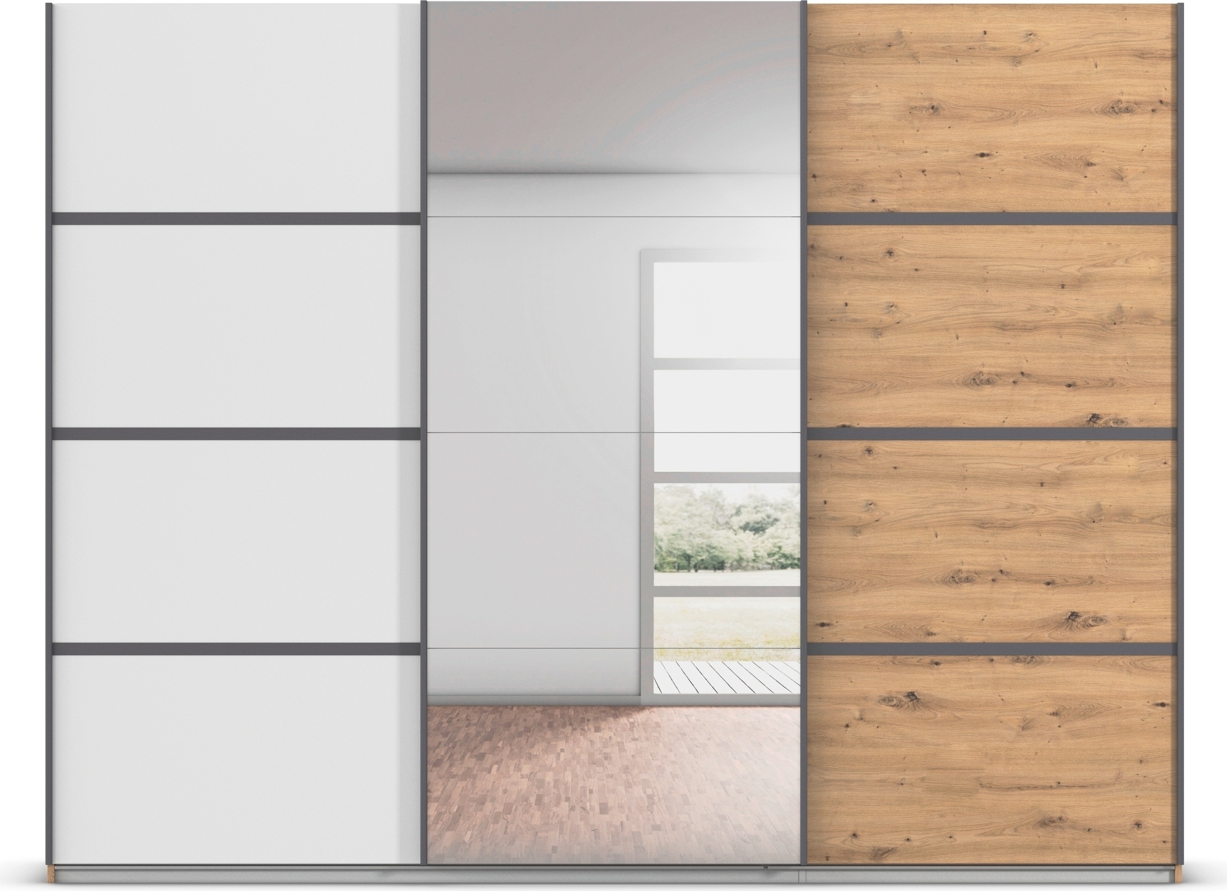 rauch Kleiderschrank »Schwebetürenschrank OTTO´s Choice Garderobe Schrank TOP ANGEBOT Avola«, (in 3 verschiedenen Ausstattungen BASIC/CLASSIC/PREMIUM inkl. Spiegel), mit eleganten Zierleisten in Chrom, Schwarz oder Weiß MADE IN GERMANY