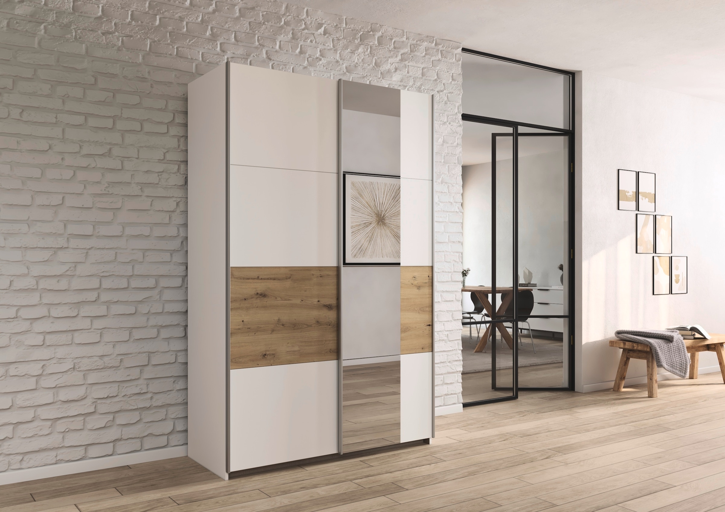 rauch Schwebetürenschrank »Kleiderschrank Schrank Garderobe Schlafzimmerschrank OXFORD«, (in 3 verschiedenen Ausstattungen BASIC/CLASSIC/PREMIUM), mit Griffleisten aus Metall, auch für kleinere Räume MADE IN GERMANY