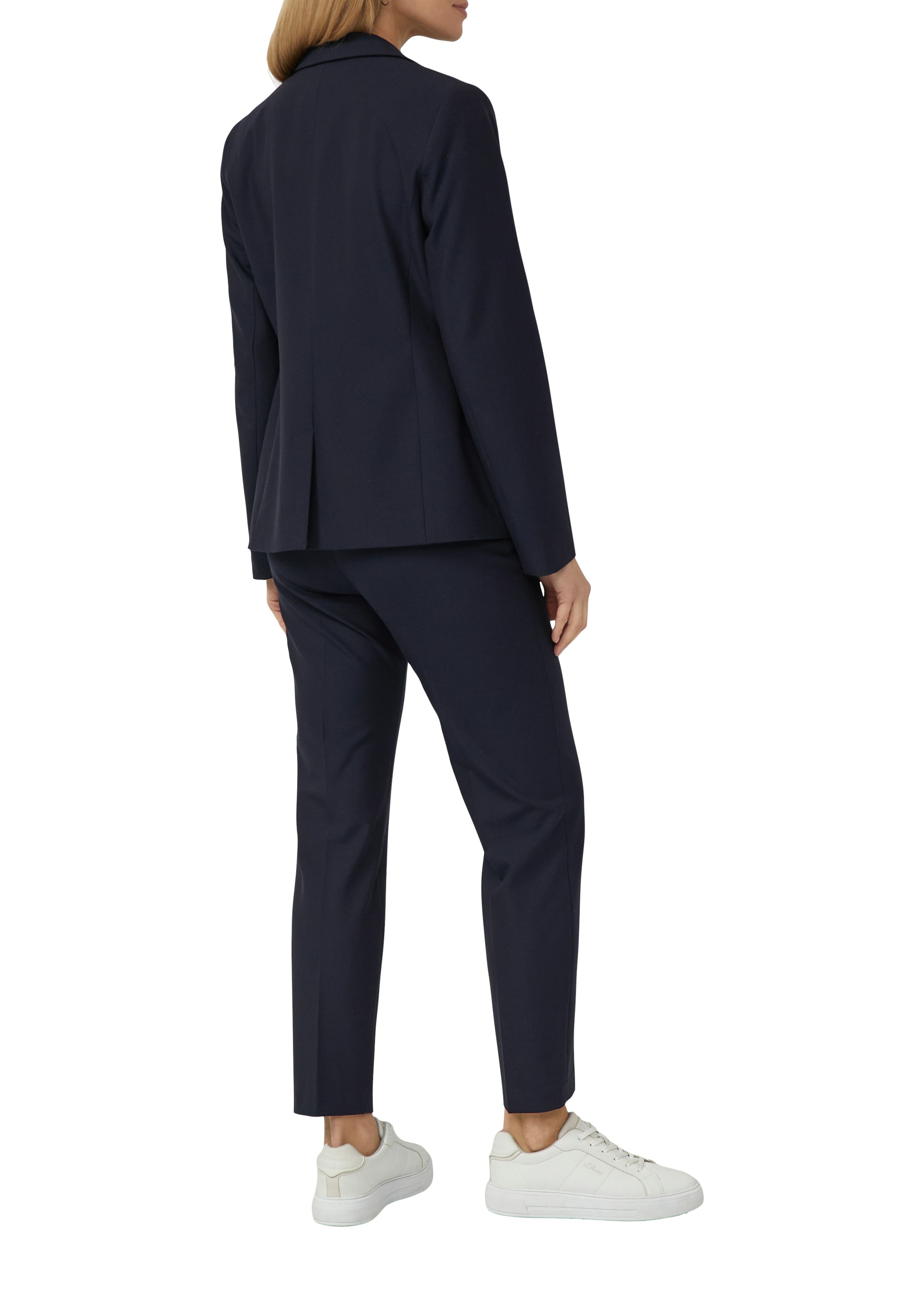 Jackenblazer S.OLIVER BLACK LABEL, Damen, Gr. 40, navy, Web, Obermaterial: 62% Polyester, 33% Viskose, 5% Elasthan. Futter: 100% Polyester, unifarben, tailliert hüftbedeckend, V-Ausschnitt, Blazer, mit 1-Knopf-Verschluss und Viskose-Stretch 5