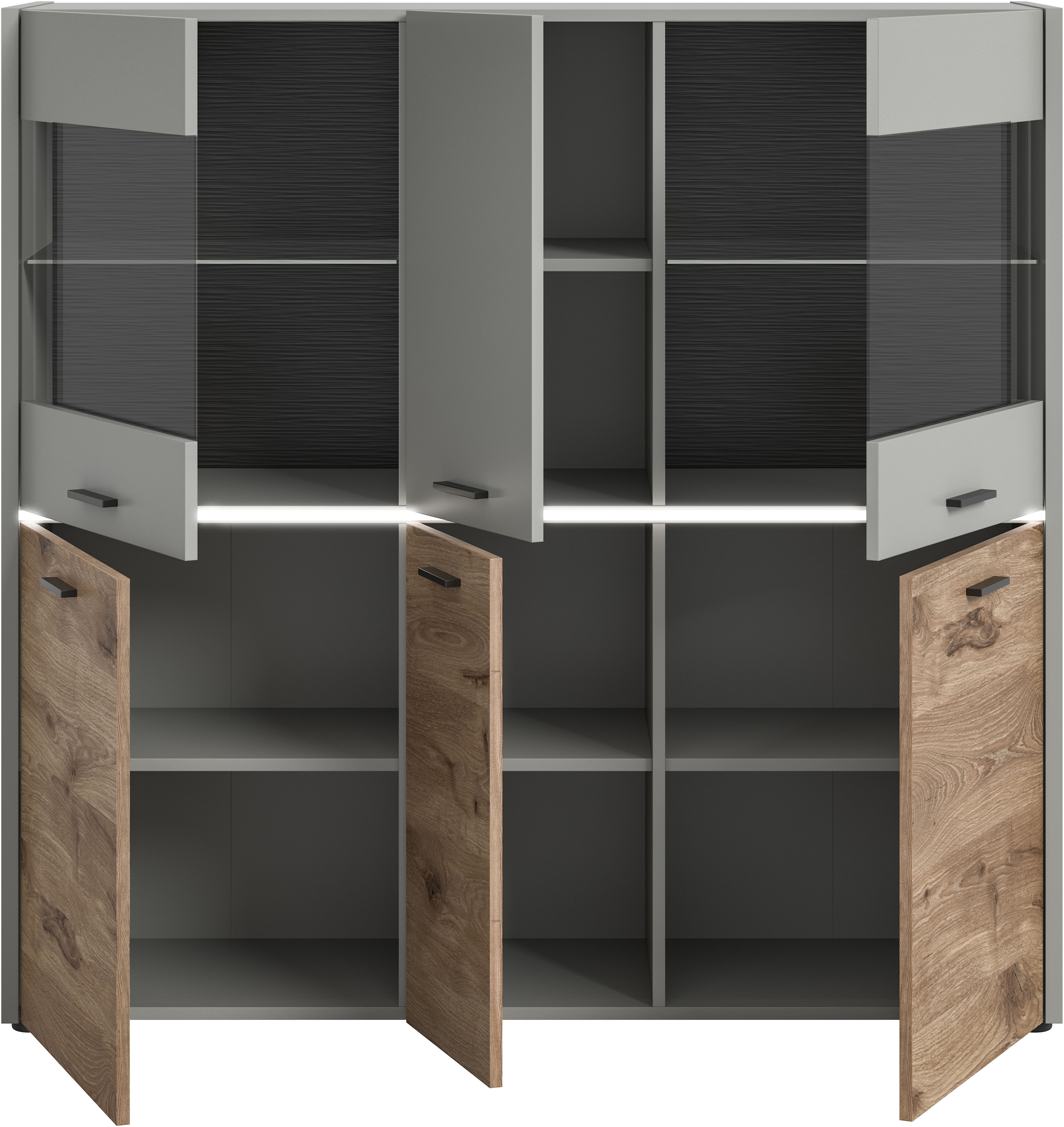 INOSIGN Highboard »Spezia, Höhe 131cm, in Hellgrau, 2 Glastüren, 2 Glasböden, 12 Fächer«, Hochschrank, Anrichte, Barschrank, Esszimmer-Schrank, Vitrine