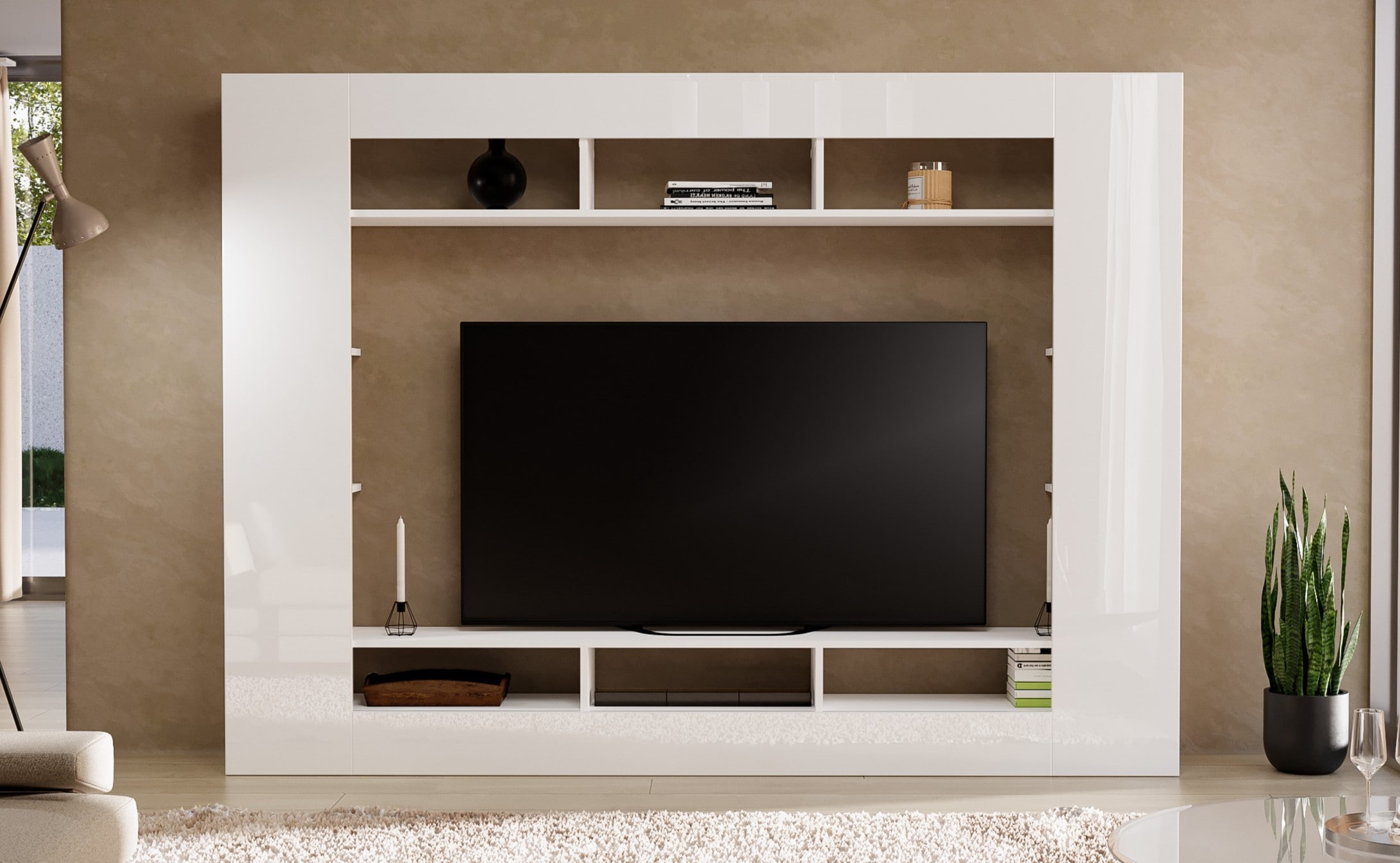 OTTO home Wohnwand »SPEED, TV-Wand, hochglanz lackiert,ideal für TV-Geräte bis zu 65 Zoll«, (1 St.), Made in Italy, B/T/H: 216×30,4×158,6 cm, mit ca. 12 offenen Fächern