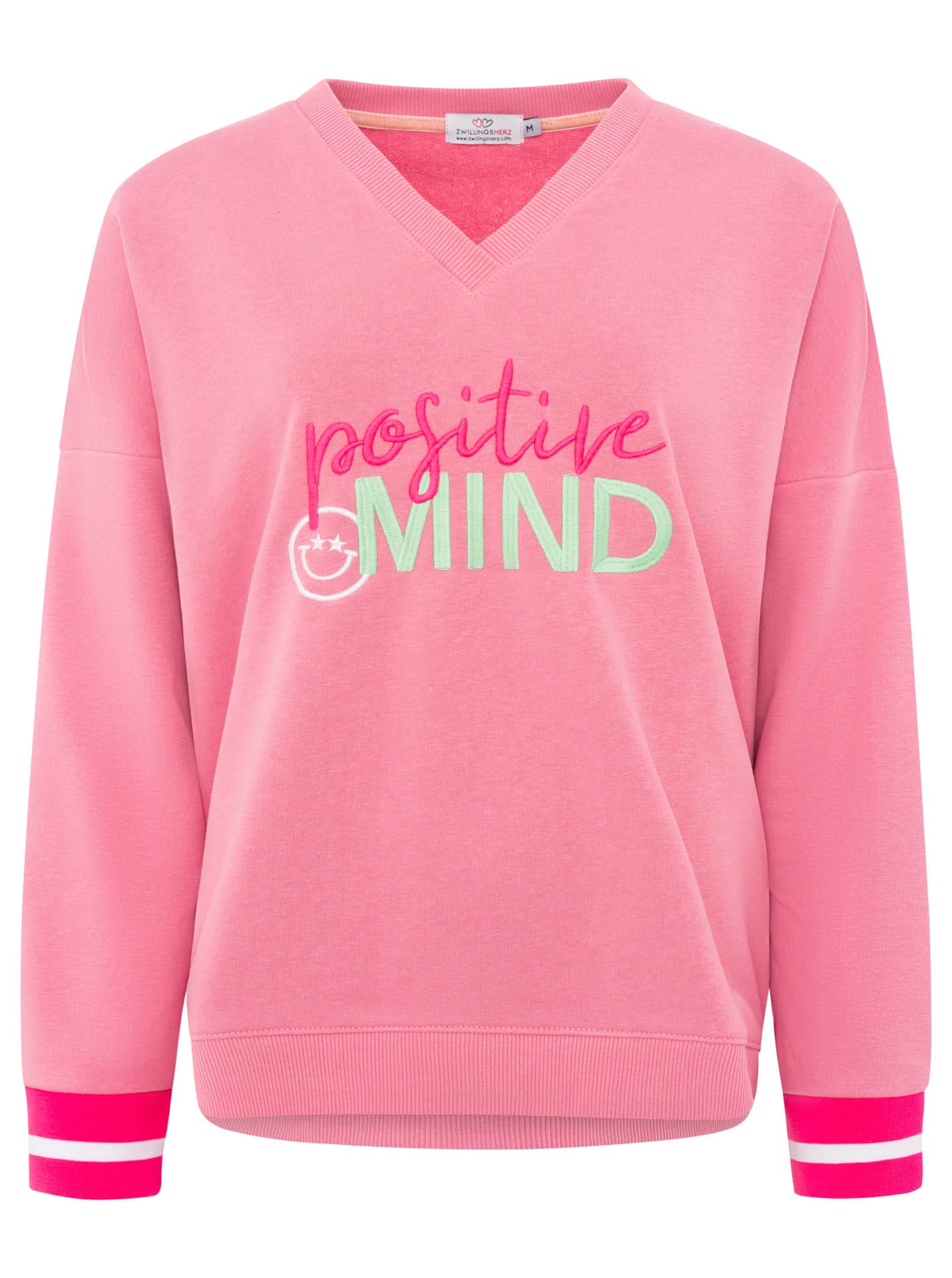 Zwillingsherz Hoodie »"Positive Mind"«, neonfarbenen Bündchen, V-Ausschnitt, Seitenschlitze, Langarm
