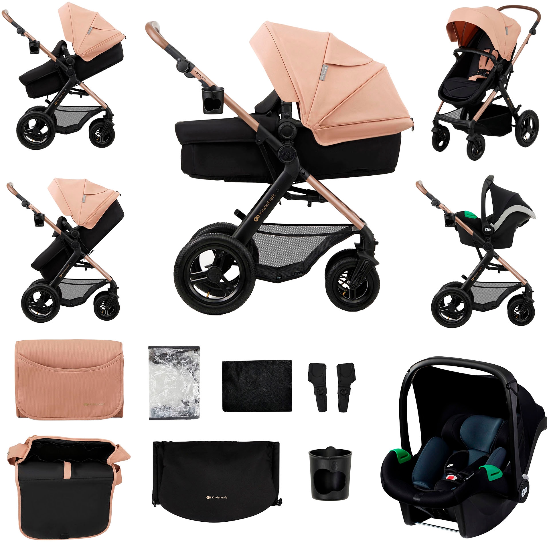 KINDERKRAFT Kinder Kombi-Kinderwagen "MOOV 2 Air 3IN1", rosa, Stahl, Kinderwagen, mit Luftreifen