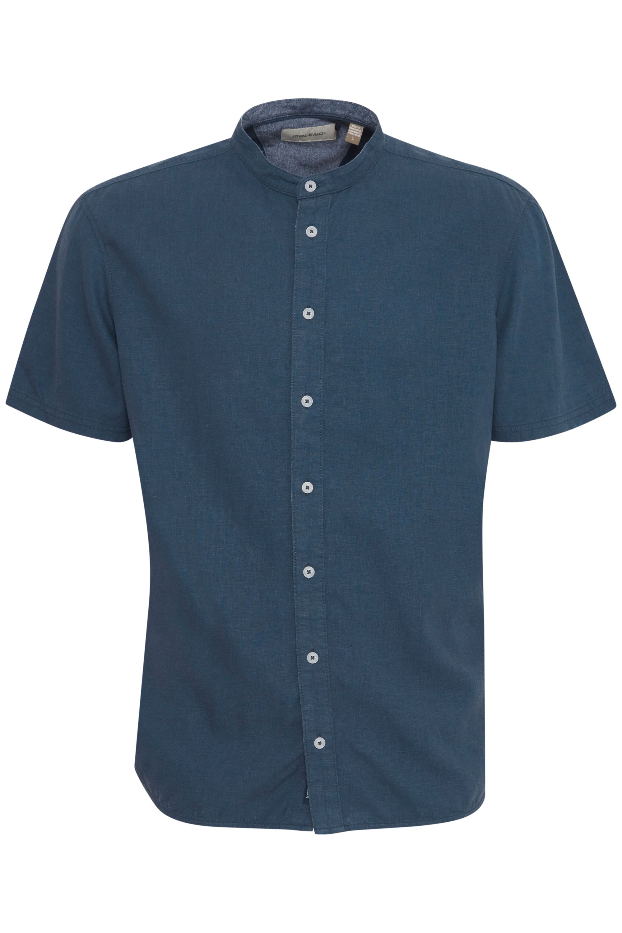 BLEND Herren Kurzarmshirt "Kurzarmhemd BHBOBBY Shirt mandarin ss", blau, Gr. L, Obermaterial: 55% Leinen LI. 45% Viskose CV., Hemden