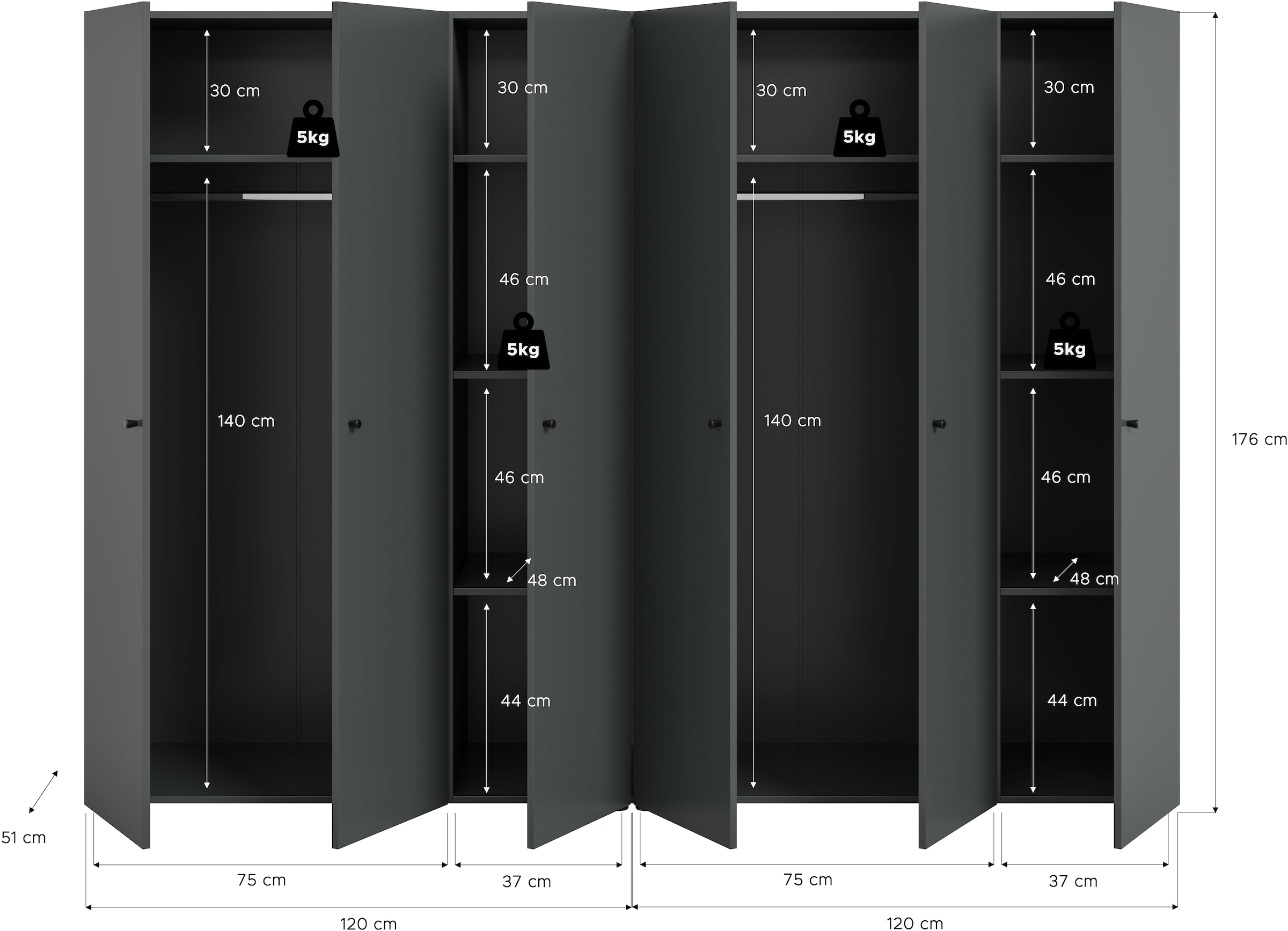 Home affaire Kleiderschrank »BILLINGS, TOPSELLER!, Schlafzimmerschrank, Schrank, Garderobenschrank«, (OTTO BESTSELLER, Garderobe & Schlafzimmer), Breite 240cm, grau, 6-türig, inkl. 2 Kleiderstangen und 8 Ablageböden