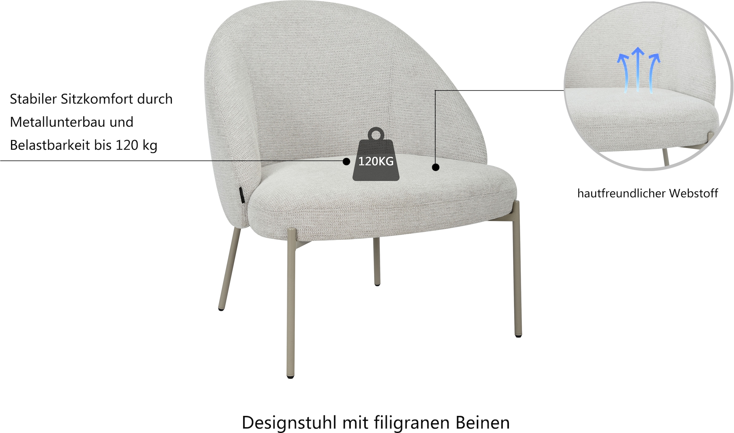 INOSIGN Loungesessel »MOVILLE Designstuhl mit filigranen Metallbeinen«, Cocktailsessel, farblich abgestimmte Metall-Beine, Webstoff