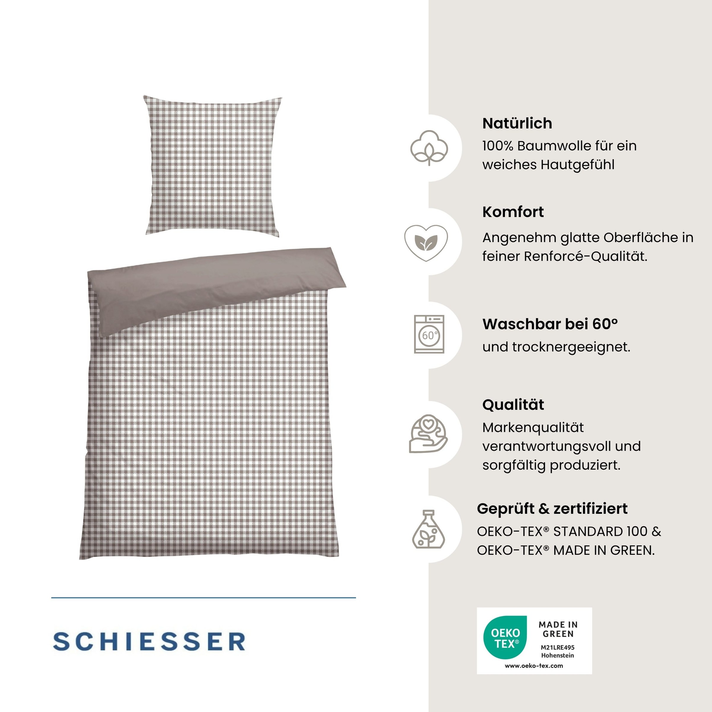 Schiesser Wendebettwäsche »Vichy aus weicher Baumwolle mit Karos« 2 Stk. OEKO-TEX® MADE IN GREEN
