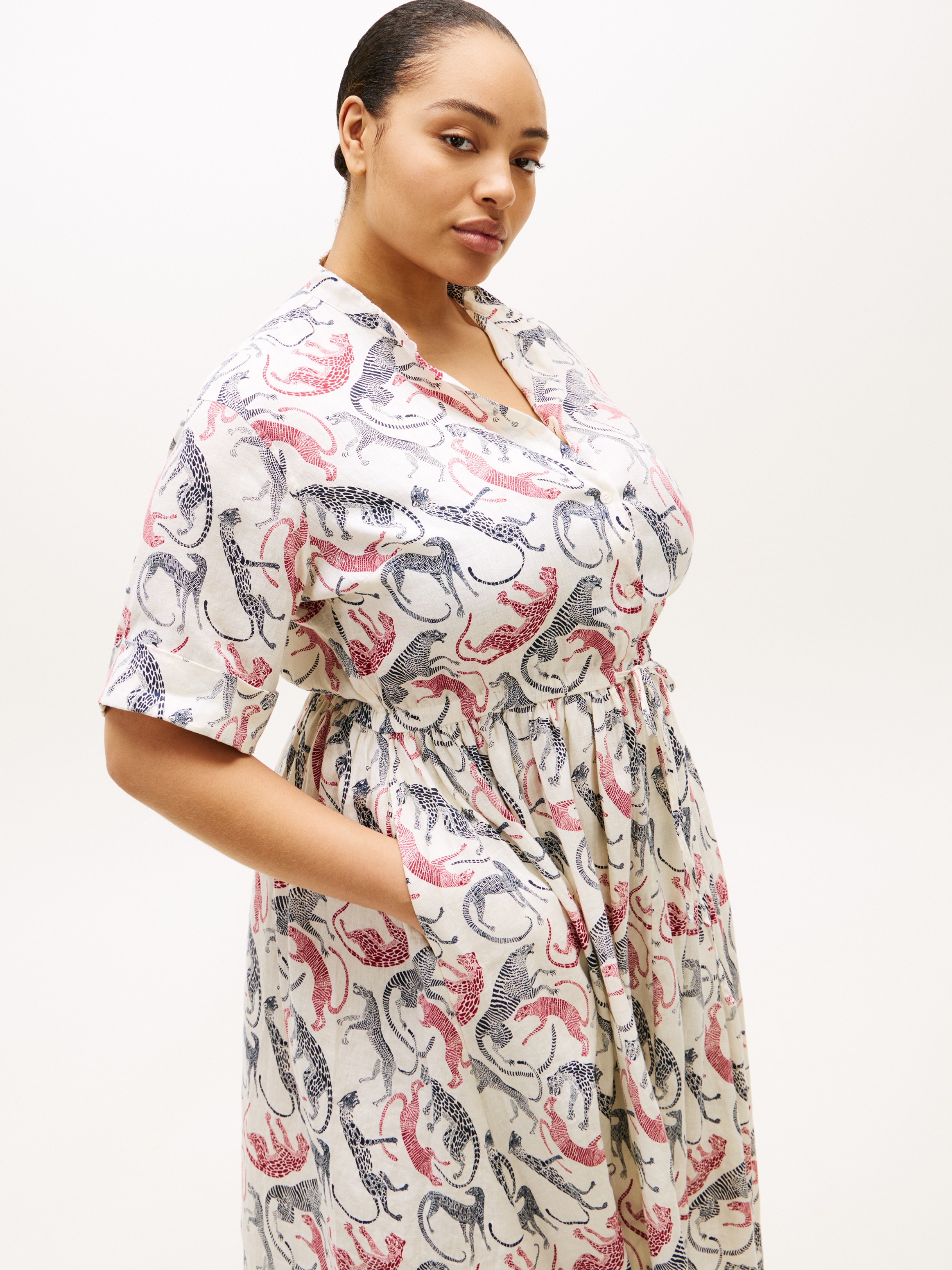 Tommy Hilfiger Curve Midikleid »CRV LINEN MIDI SHIRT DRESS SS« in großen Größen, Taille mit Bindeband