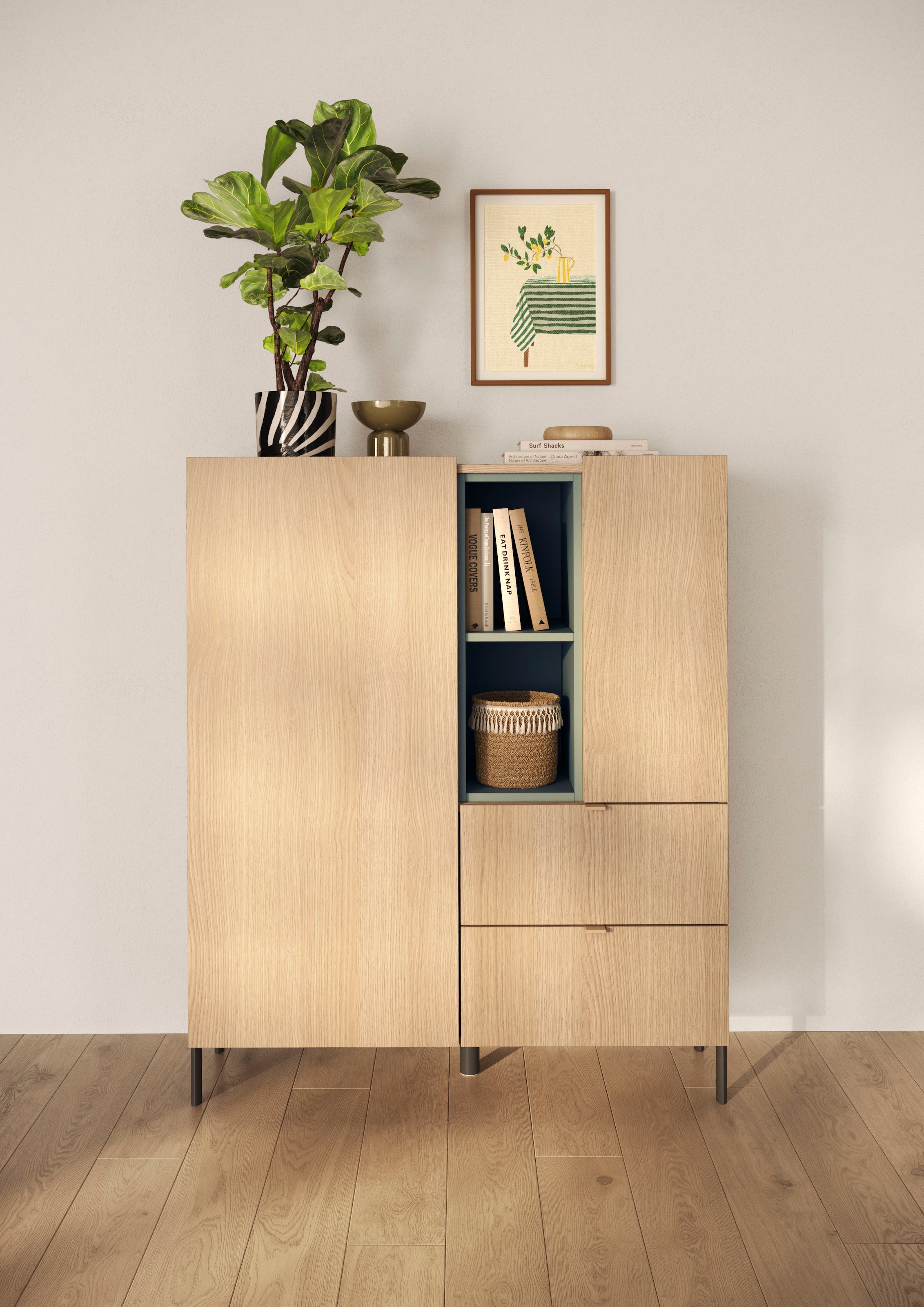 OTTO home Highboard »Badia, B/H 101/124 cm, 2 Türen, 2 Schubkästen, Stauraumschrank« Innenliegendes Top, gerade Metallfüße, salbeigrüne Farbakzente