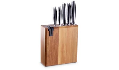 Messerblock, 6 tlg., Küchenmesser-Set aus Akazienholz, Inkl. Integriertem Messerschärfer