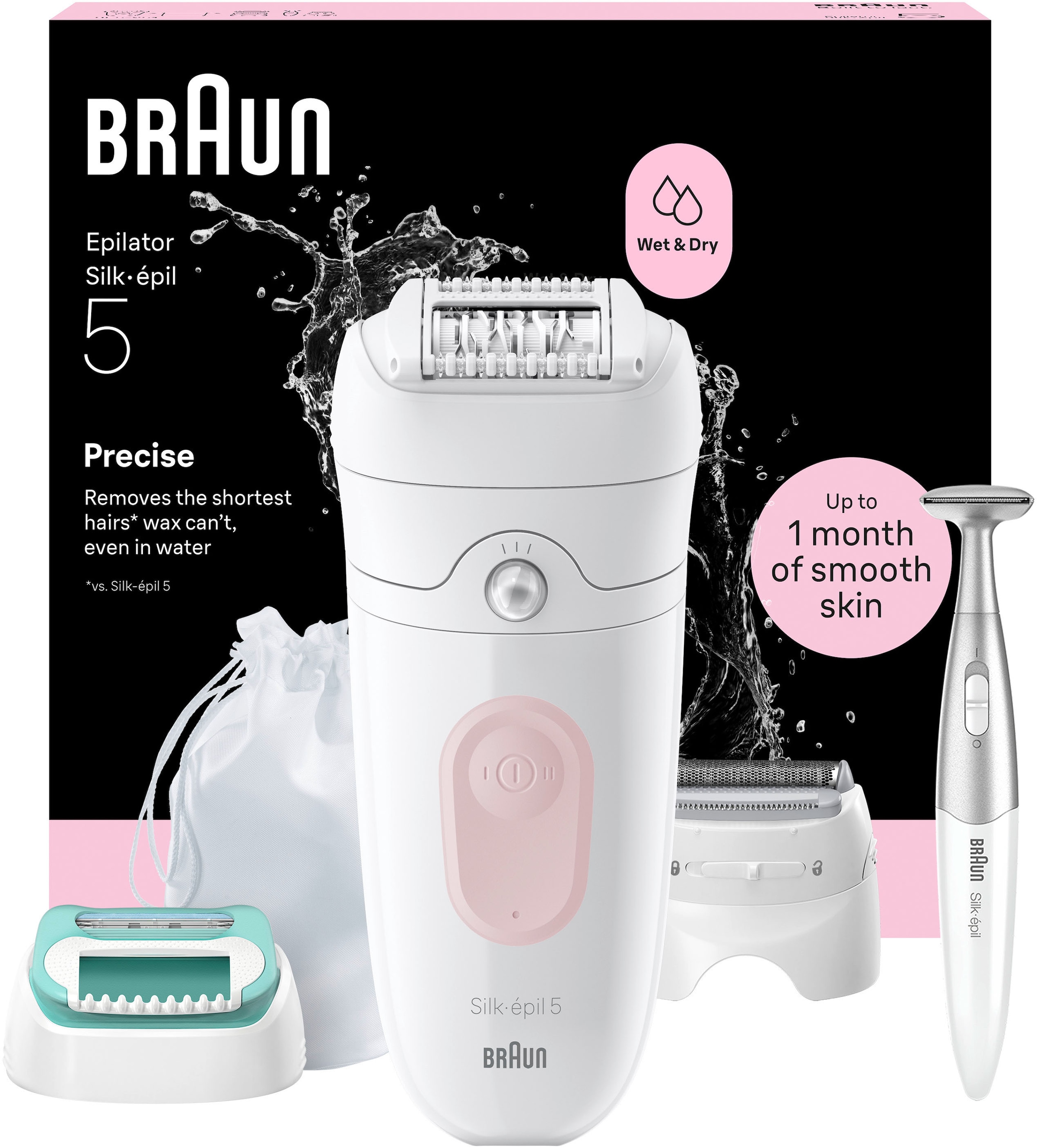 Braun Epilierer "Silk-épil 5 5-060" mit Rasieraufsatz, Trimmeraufsatz und Peeling Aufsätzen