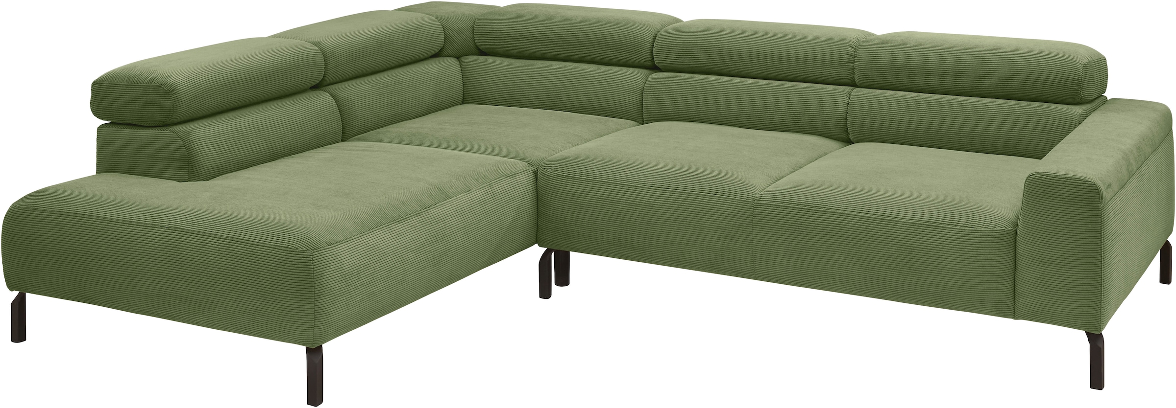 Places of Style Ecksofa »Antonelli, L-Form, inkl. Kopfteilverstellung, Breite 276 cm«, mit elektrischer Sitztiefenverstellung, in Feincord, moos