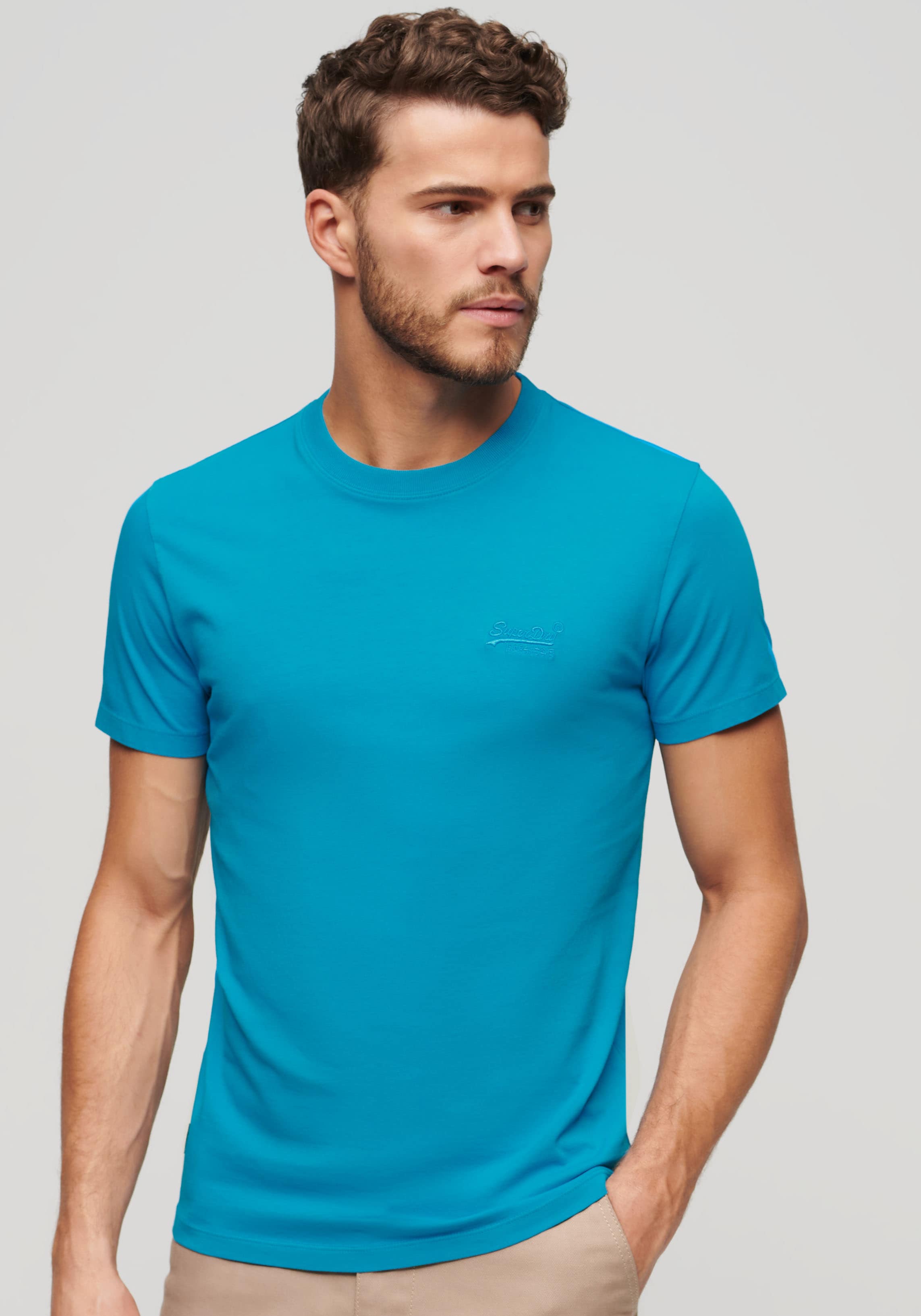 Superdry Rundhalsshirt "ESSENTIAL LOGO EMB NEON TEE" aus Baumwolle und Single Jersey, normale Passform, ohne Kragen