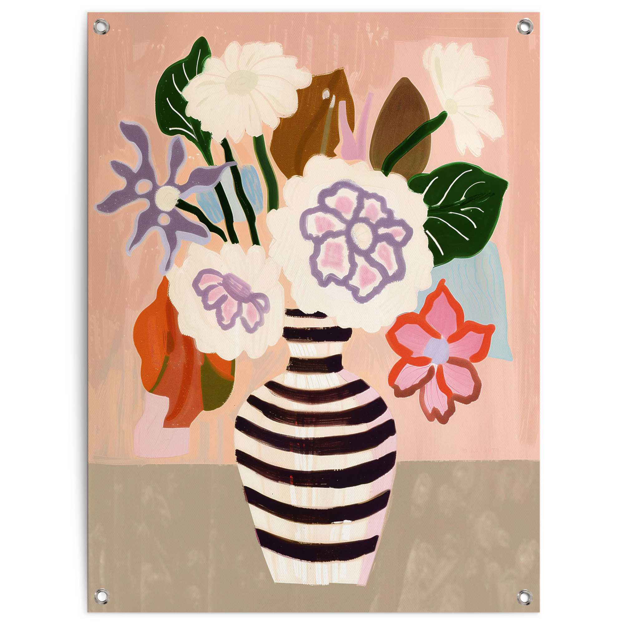 Reinders Poster "Black White Striped Vase" Garten - Mehrfarbig - Leinwand - Blumen und Pflanzen - 60x80 cm