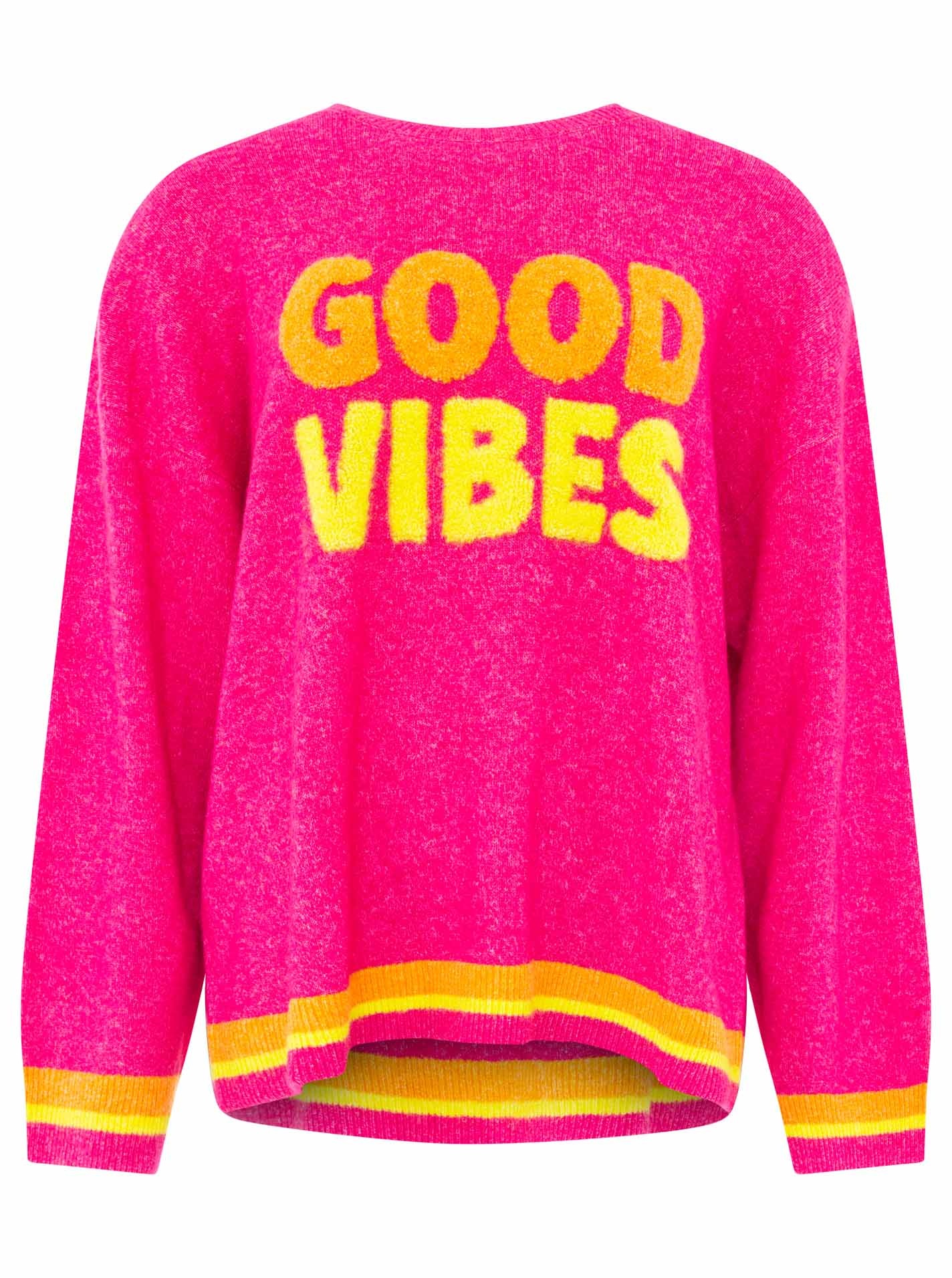 Zwillingsherz Strickpullover »"GOOD VIBES"« farbiger Schriftzug, gestreifte Neon-Bündchen, Rundhals, Strick