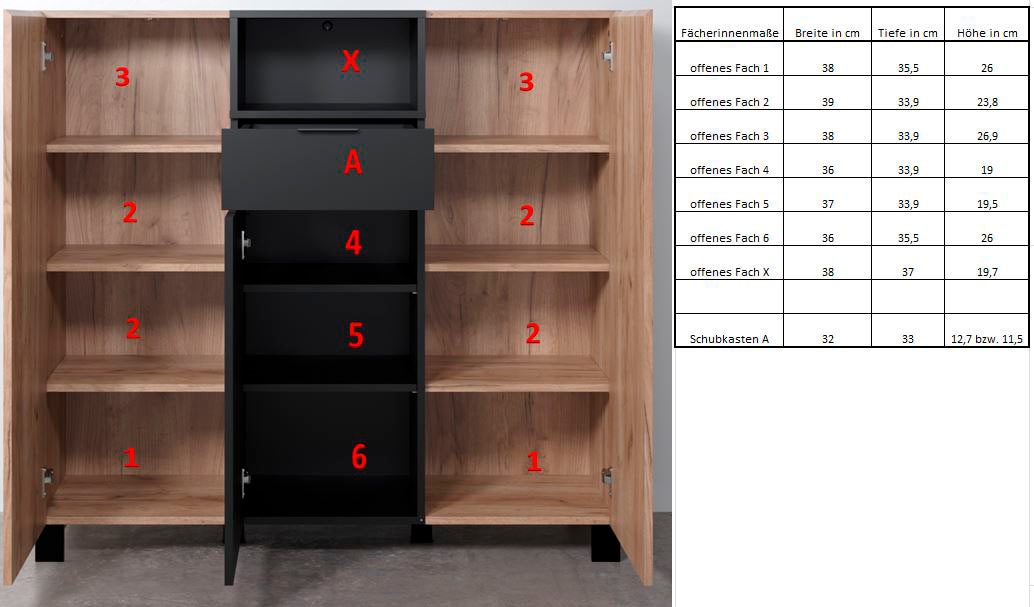 INOSIGN Highboard »Kriens«, Hochschrank Eiche, hellbraun / schwarz matt, Breite 125cm, Höhe 117cm