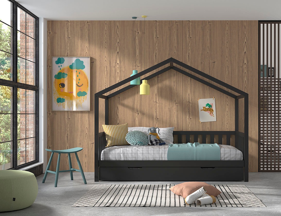 Vipack Hausbett »Dallas«, (Made in Europe), 90x200 cm, inkl. Rolllattenrost, Kiefer anthrazit,mit o. Bettschublade