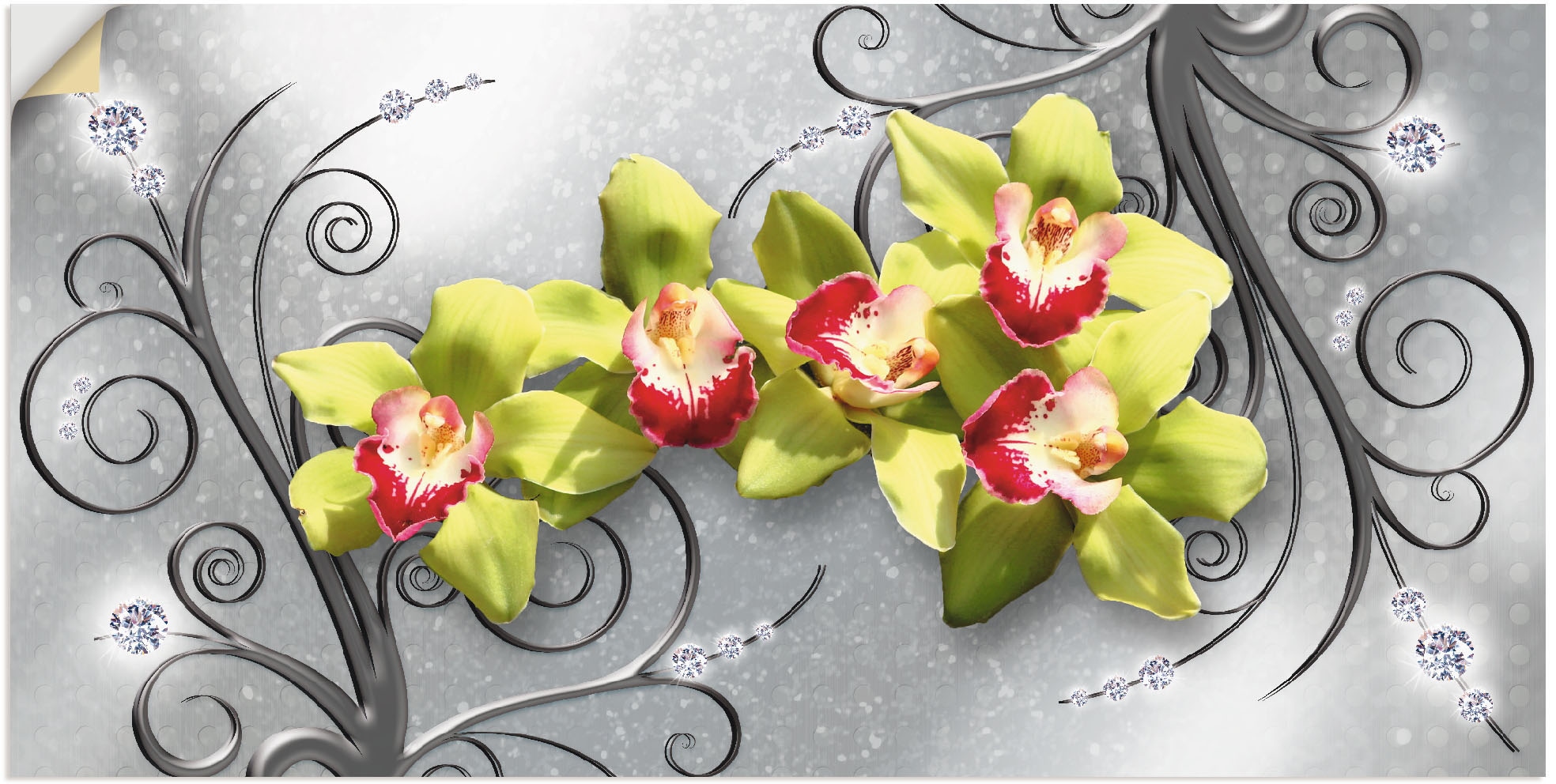 Artland Wandbild »Grüne Orchideen auf Ornamenten«, Blumenbilder, (1 St.), als Alubild, Outdoorbild, Leinwandbild, Poster, Wandaufkleber