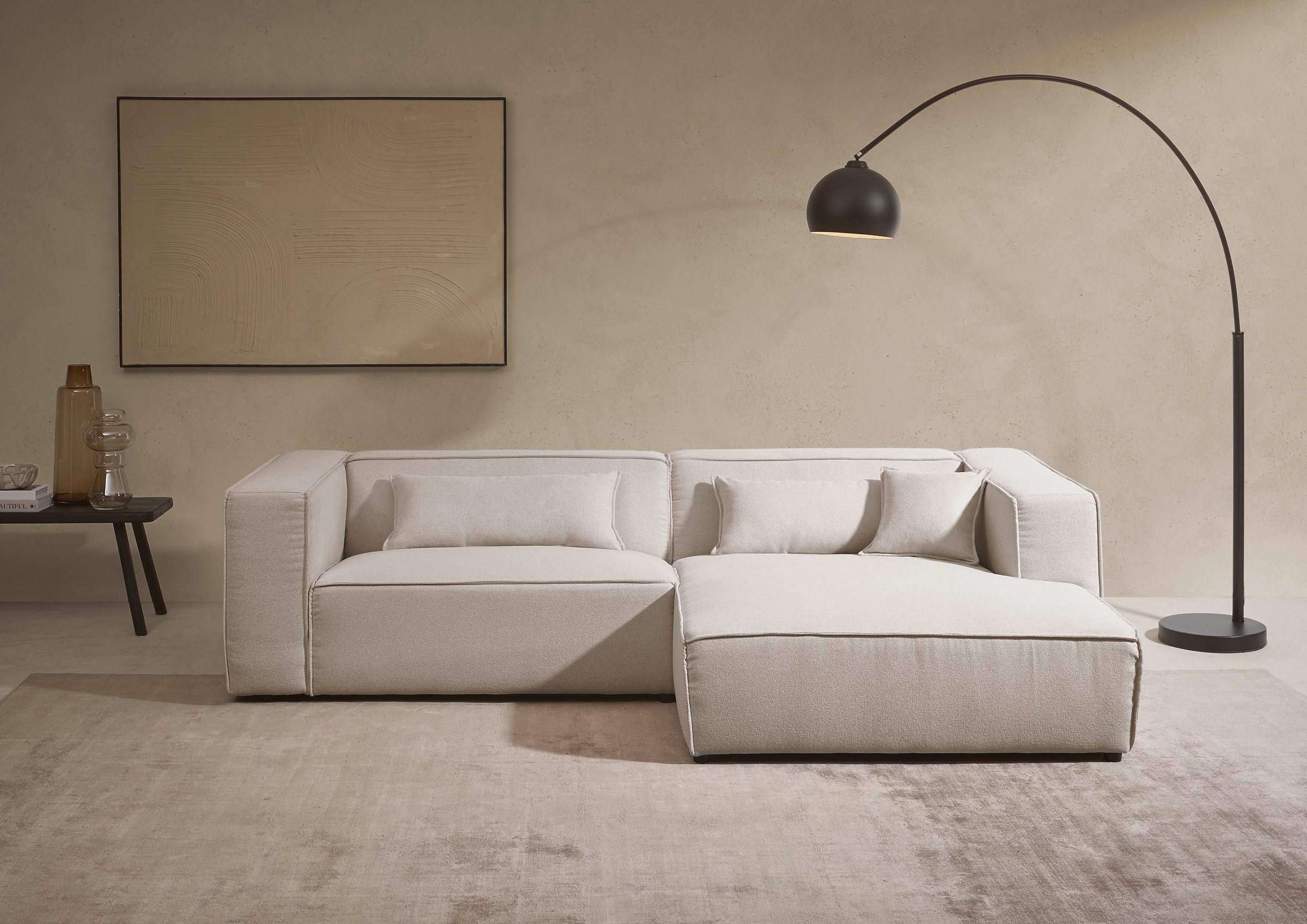 LeGer Home by Lena Gercke Ecksofa »PIARA mit Kedernaht in Cord oder Leinenoptik, moderne Couch in L-Form«, wahlweise Ottomane rechts/links, schwarze Füße, bequemer Sitzkomfort