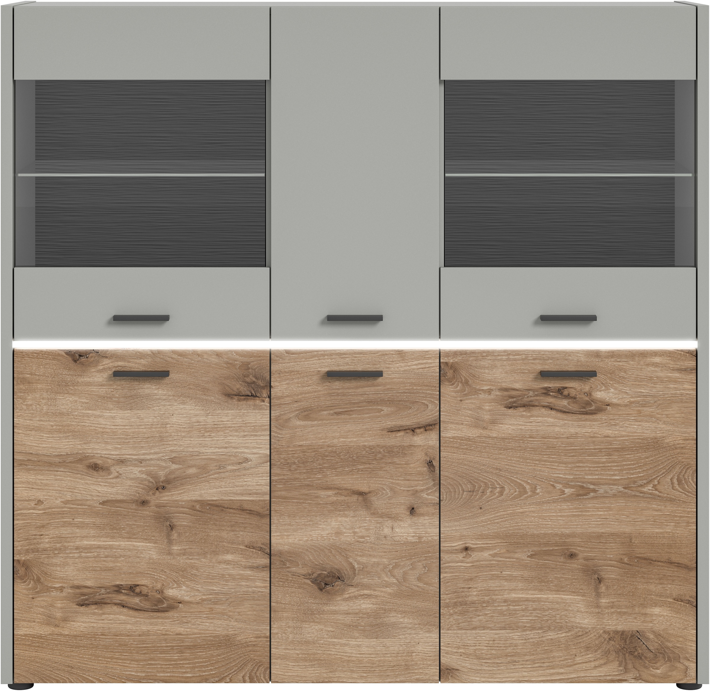 INOSIGN Highboard »Spezia, Höhe 131cm, in Hellgrau, 2 Glastüren, 2 Glasböden, 12 Fächer«, Hochschrank, Anrichte, Barschrank, Esszimmer-Schrank, Vitrine