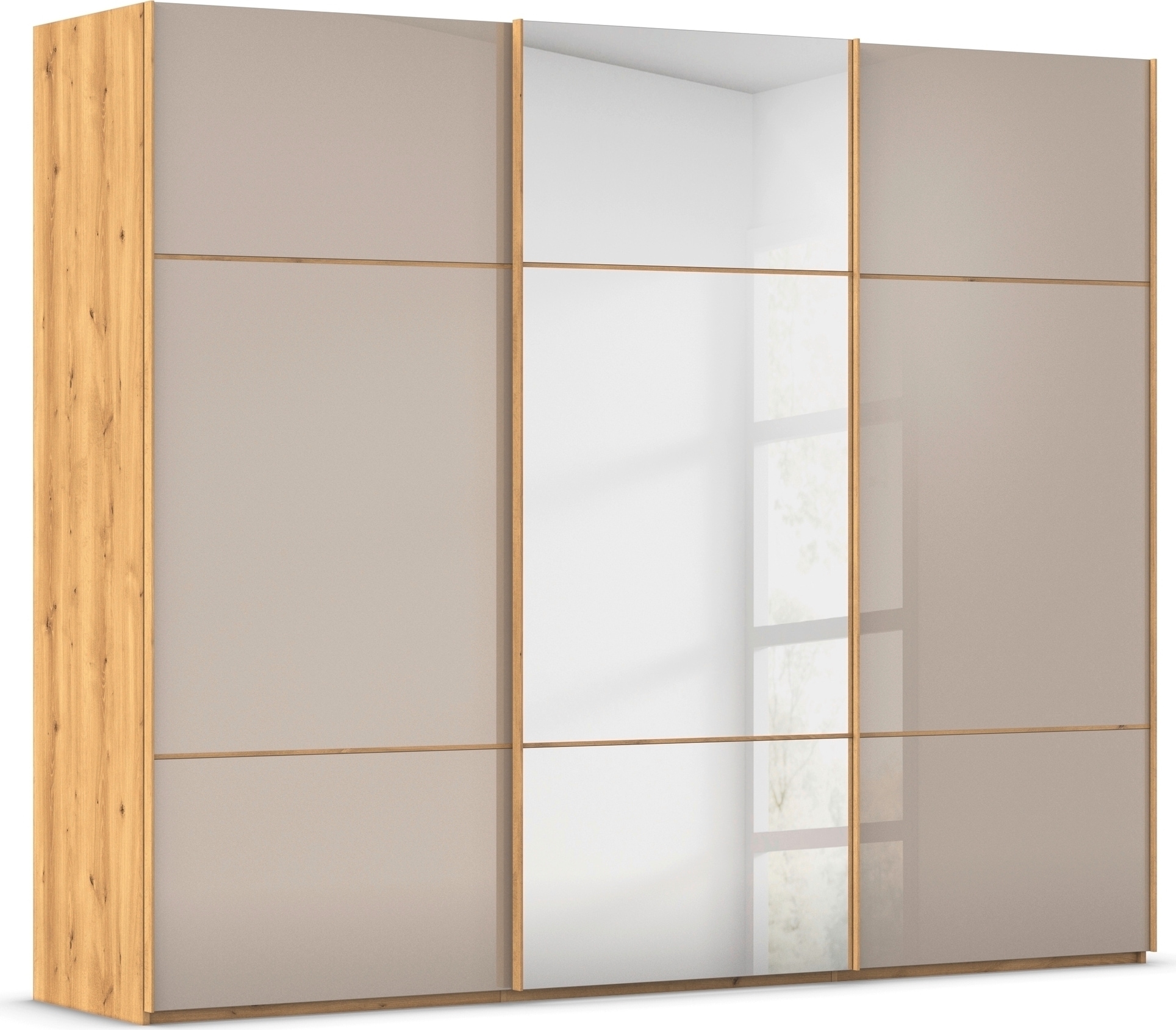 rauch Schwebetürenschrank "Kleiderschrank Schrank Garderobe Schlafzimmerschrank SCALE-TRIO" edle dreigeteilte Front mit 2 Zierleisten Spiegel/Glas MADE IN GERMANY