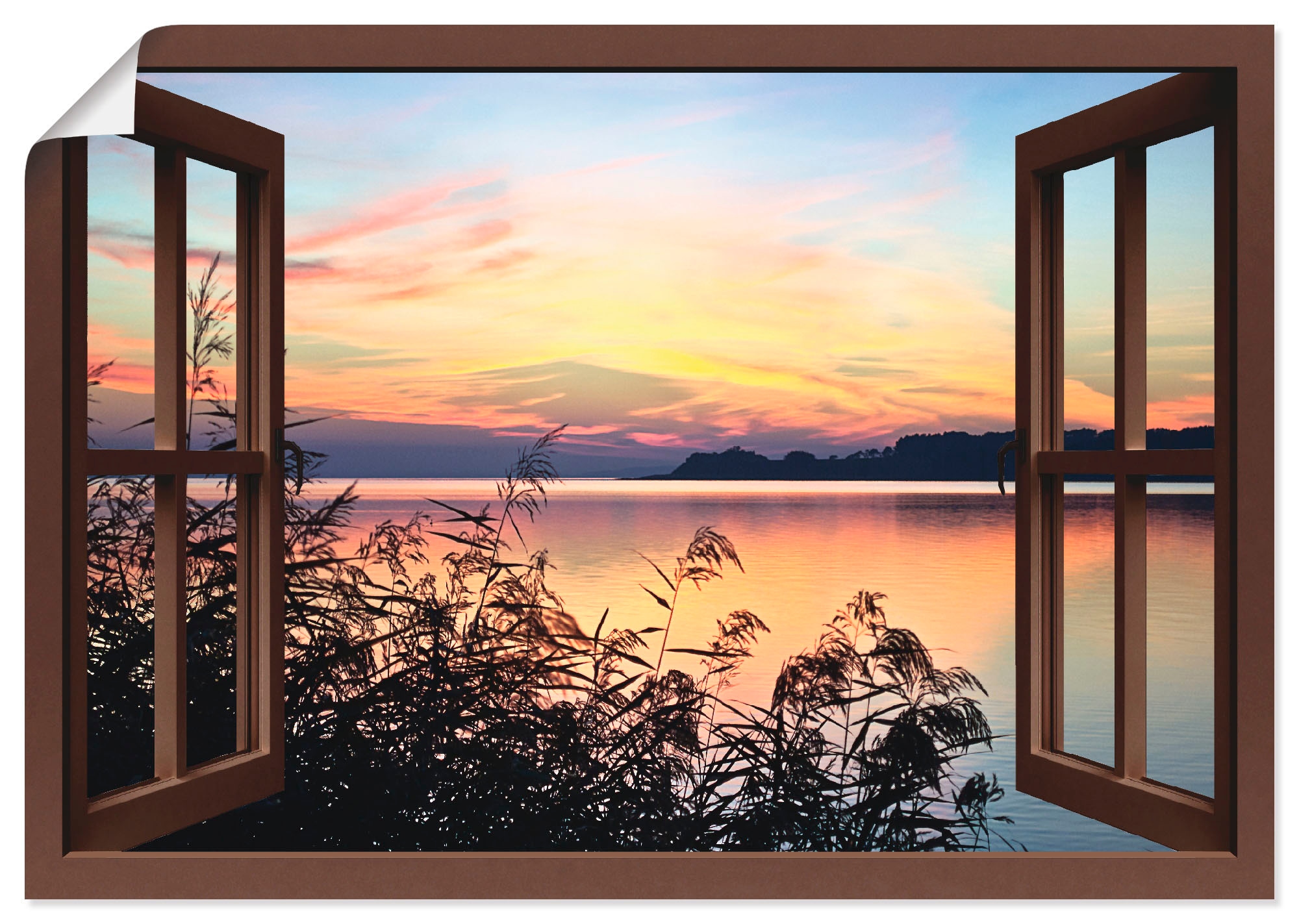 Wandbild im »Fensterblick BAUR | Poster Artland bestellen Größen - Schilf«, als oder Wandaufkleber St.), (1 versch. in Leinwandbild, Fensterblick, Abendrot