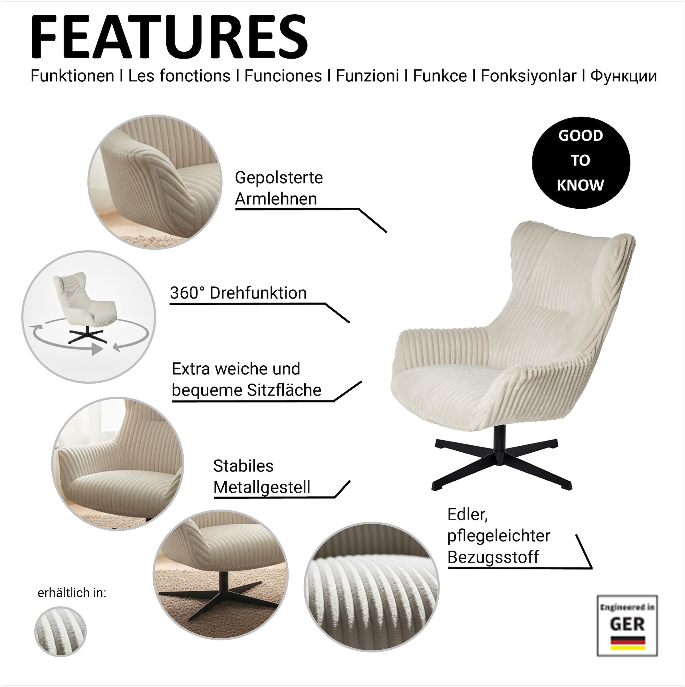 Jahnke Sessel »LOUNGE SNOOZE« Loungesessel, drehbar, dick gepolstert, Armlehnen, weicher Cordbezug