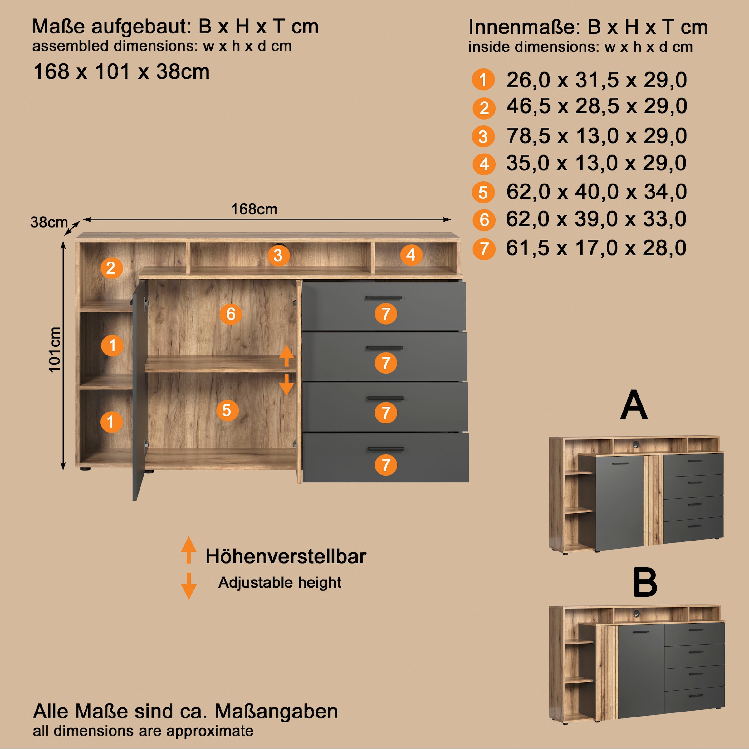 INOSIGN Lowboard »Estepona« 1 Stk. tlg. TV Kommode mit 2 Türen & 4 Schubladen Vollauszug (B/T/H) 168/38/101 cm