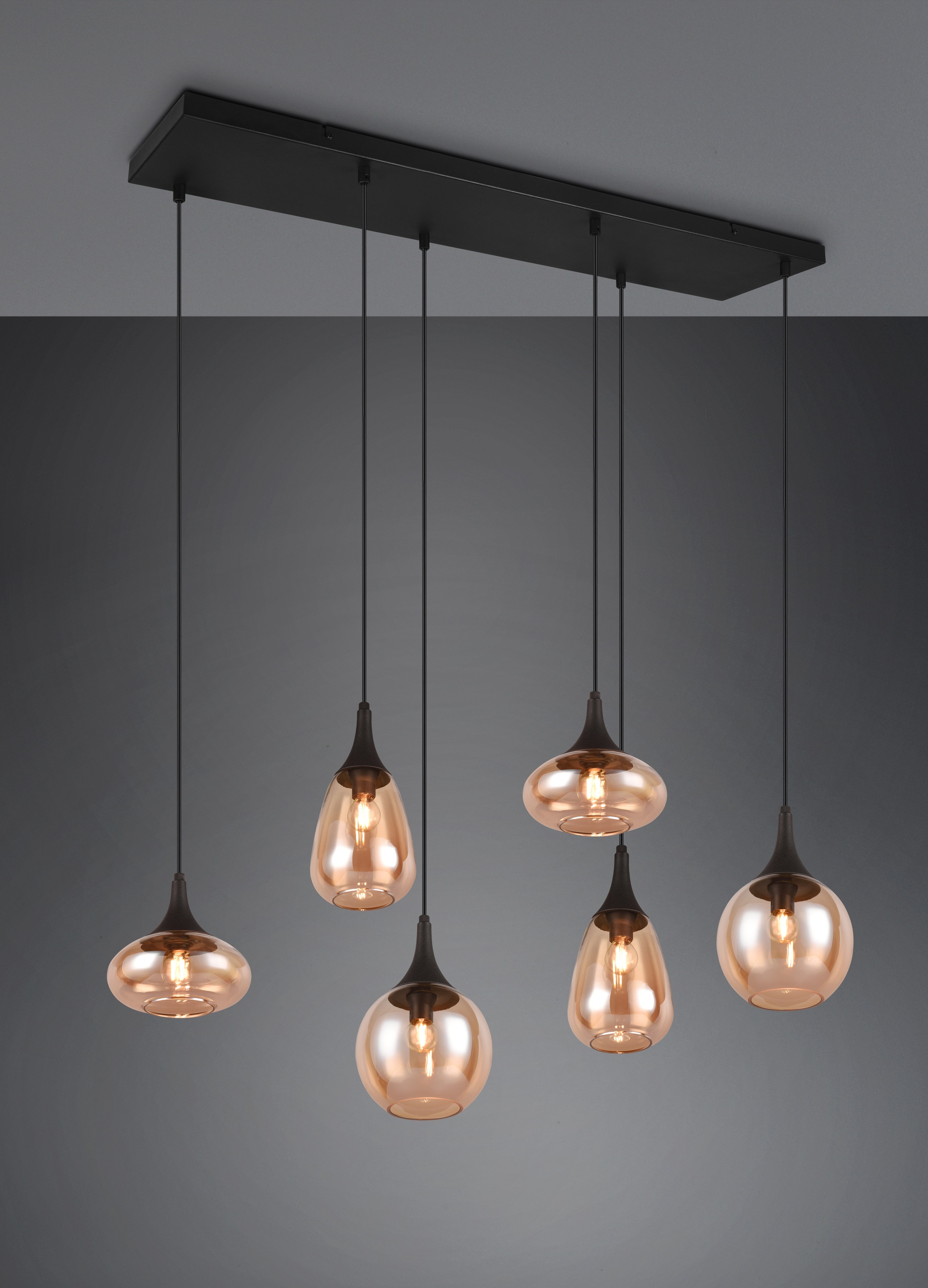TRIO Leuchten Pendelleuchte »LUMINA, E14 Hängelampe 6-flammig Glasschirme in 3 Formen amberfarbig«, 6 flammig, Leuchtmittel E14 | Leuchtmittel wechselbar, exkl 6x E14 max 40W, Hängeleuchte höhenverstellbar bis max 150 cm