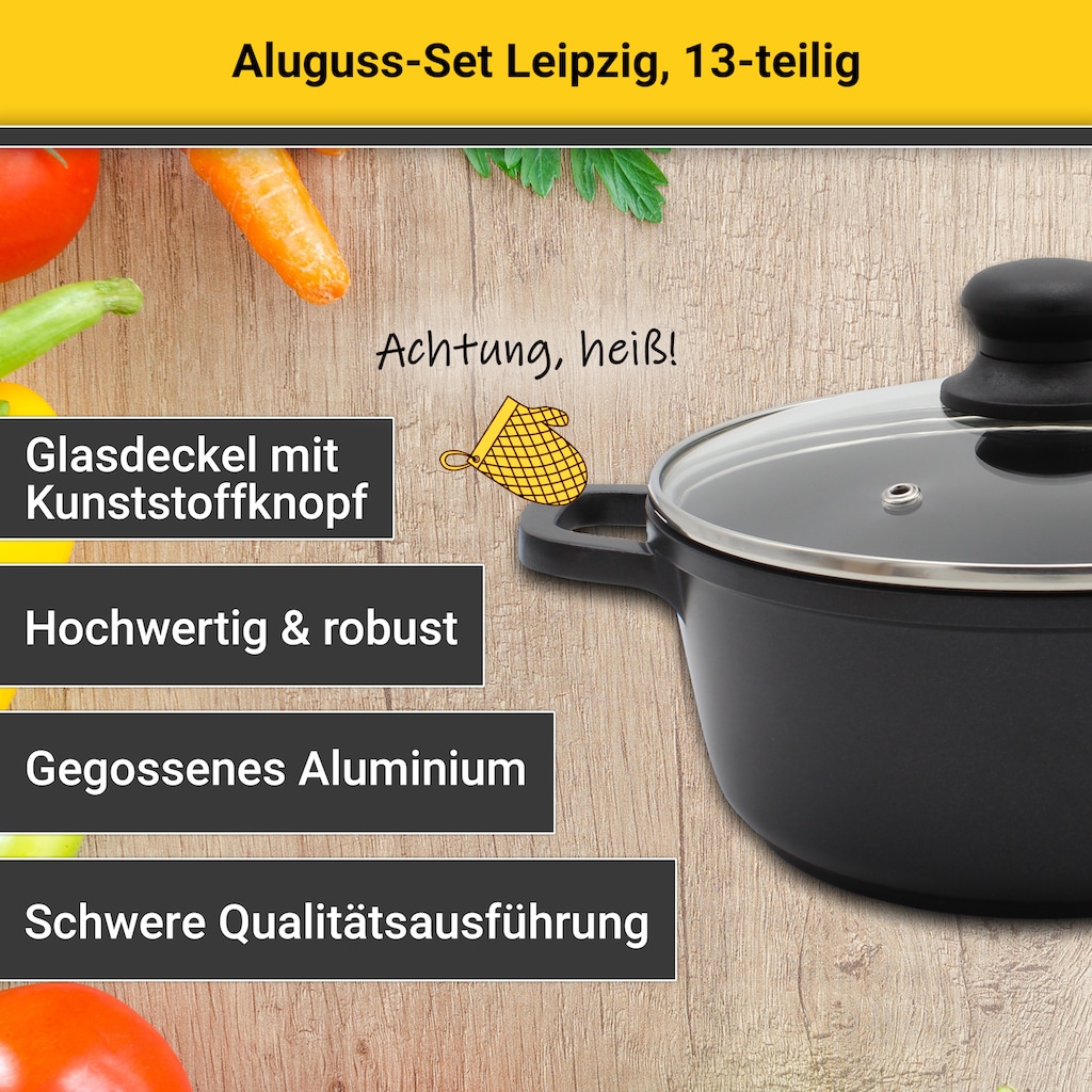 Krüger Pfannen-Set »Aluguss Topf- und Pfannenset LEIPZIG inkl. Küchenhelfern, 13 tlg.«, Aluminiumguss, (Set, 13 tlg., je 1x Bratpfanne Ø 24/28 cm, je 1x Kochtopf Ø 20/24 cm)