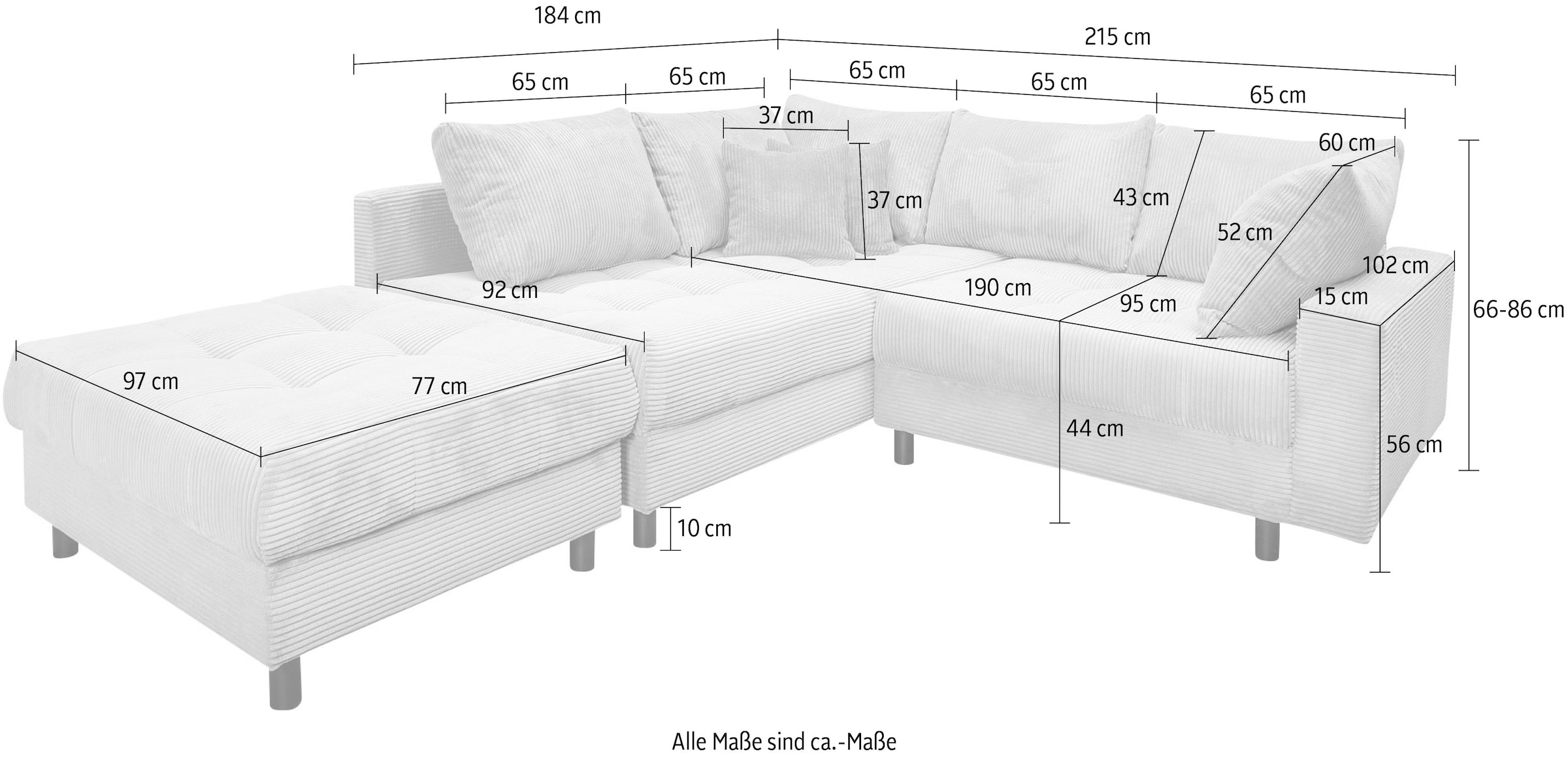Home affaire Ecksofa »Toni L-Form«, (Cord-Bezug), Ottomane beidseitig montierbar, Federkern-Polsterung