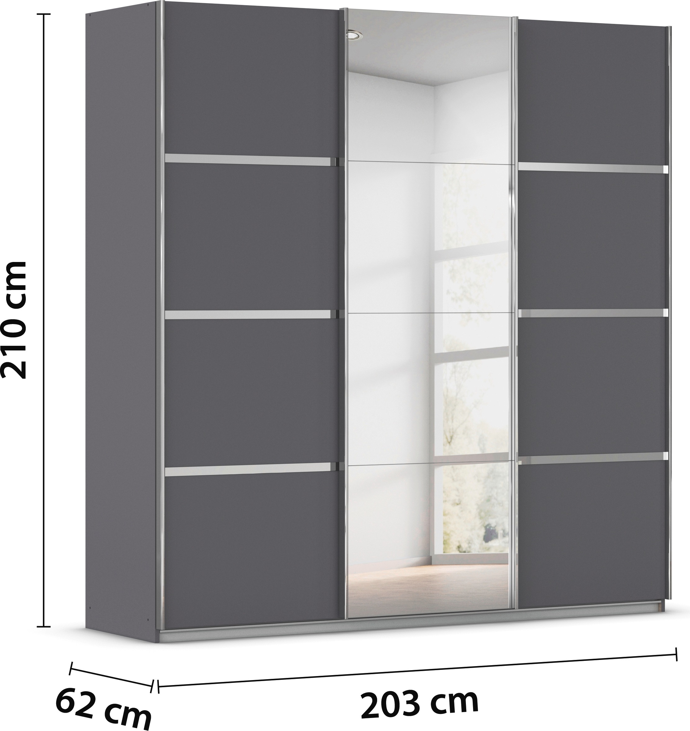 rauch Kleiderschrank »Schwebetürenschrank Garderobe Schrank TOP ANGEBOT Avola«, (in 3 verschiedenen Ausstattungen BASIC/CLASSIC/PREMIUM inkl. Spiegel), mit eleganten Zierleisten in Chrom, Schwarz oder Weiß MADE IN GERMANY