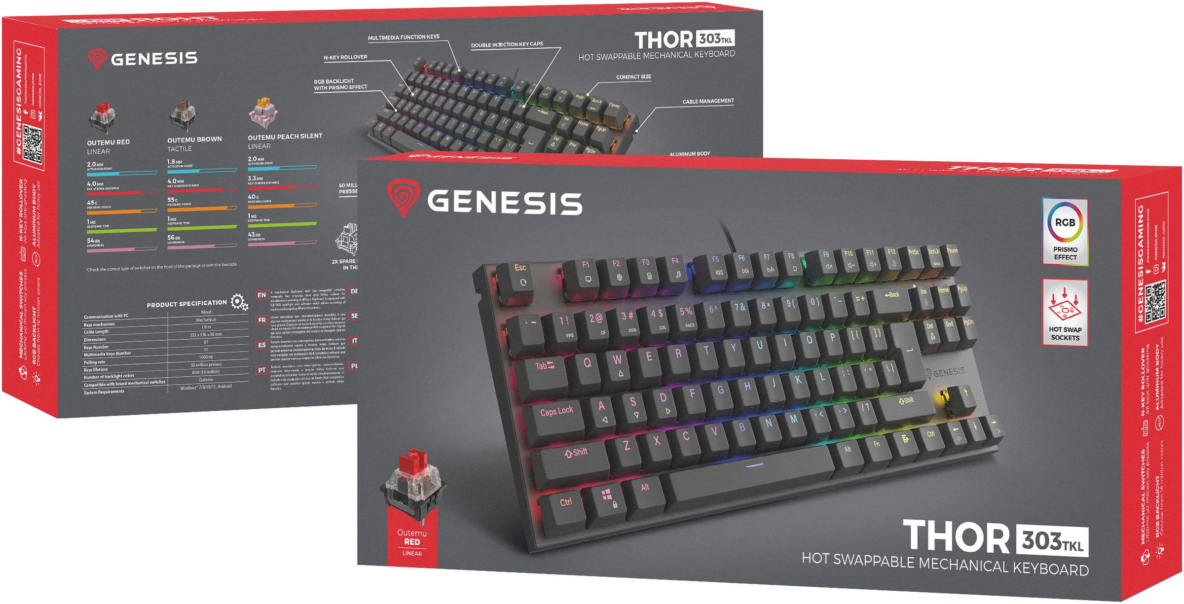 Genesis Gaming-Tastatur »THOR 303 TKL« (Antirutsch-Füße | Funktionstasten | Makrotasten | Multimedia-Tasten | Profil-Speicher | USB-Anschluss | Windows-Sperrtaste)