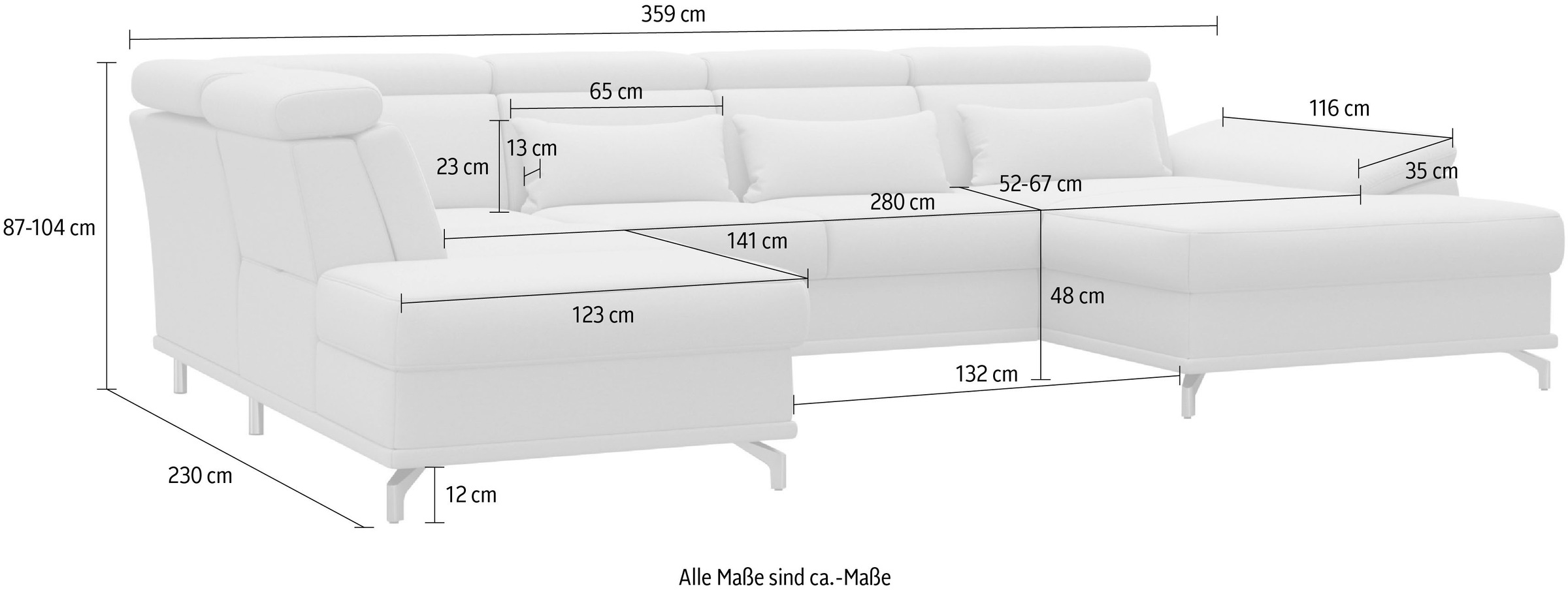 sit&more Wohnlandschaft »Cabrio U-Form, mit Sitztiefenverstellung, Arm- und Kopfteilverstellung«, 3 Nierenkissen, Federkern, optional Bettfunktion und Stauraum