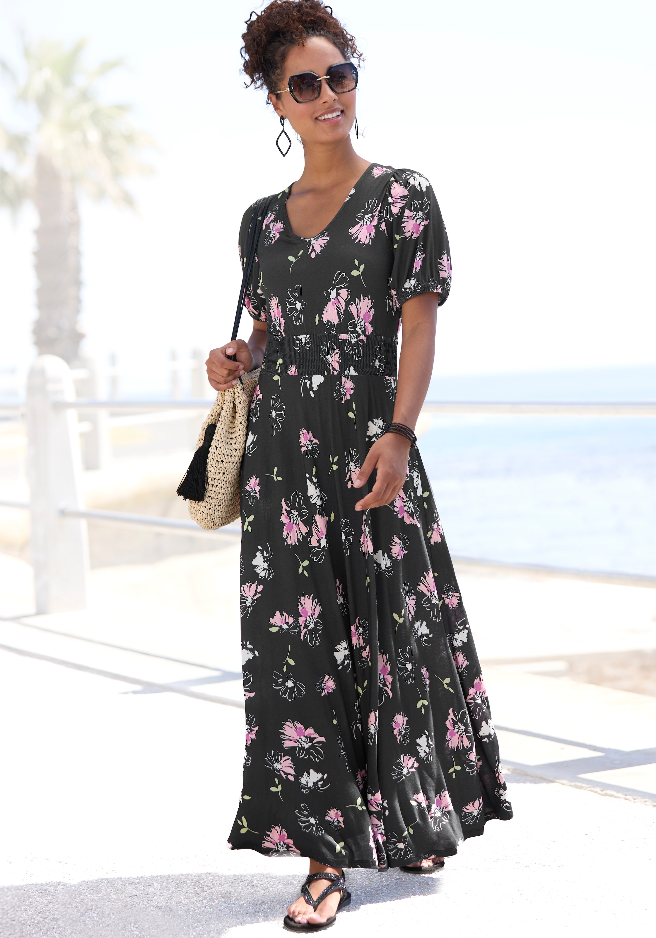 Vivance Maxikleid "mit Blumendruck und kurzen Puffärmeln" Ohne Taschen geblümtes Sommerkleid, Strandkleid, Jerseykleid, casual