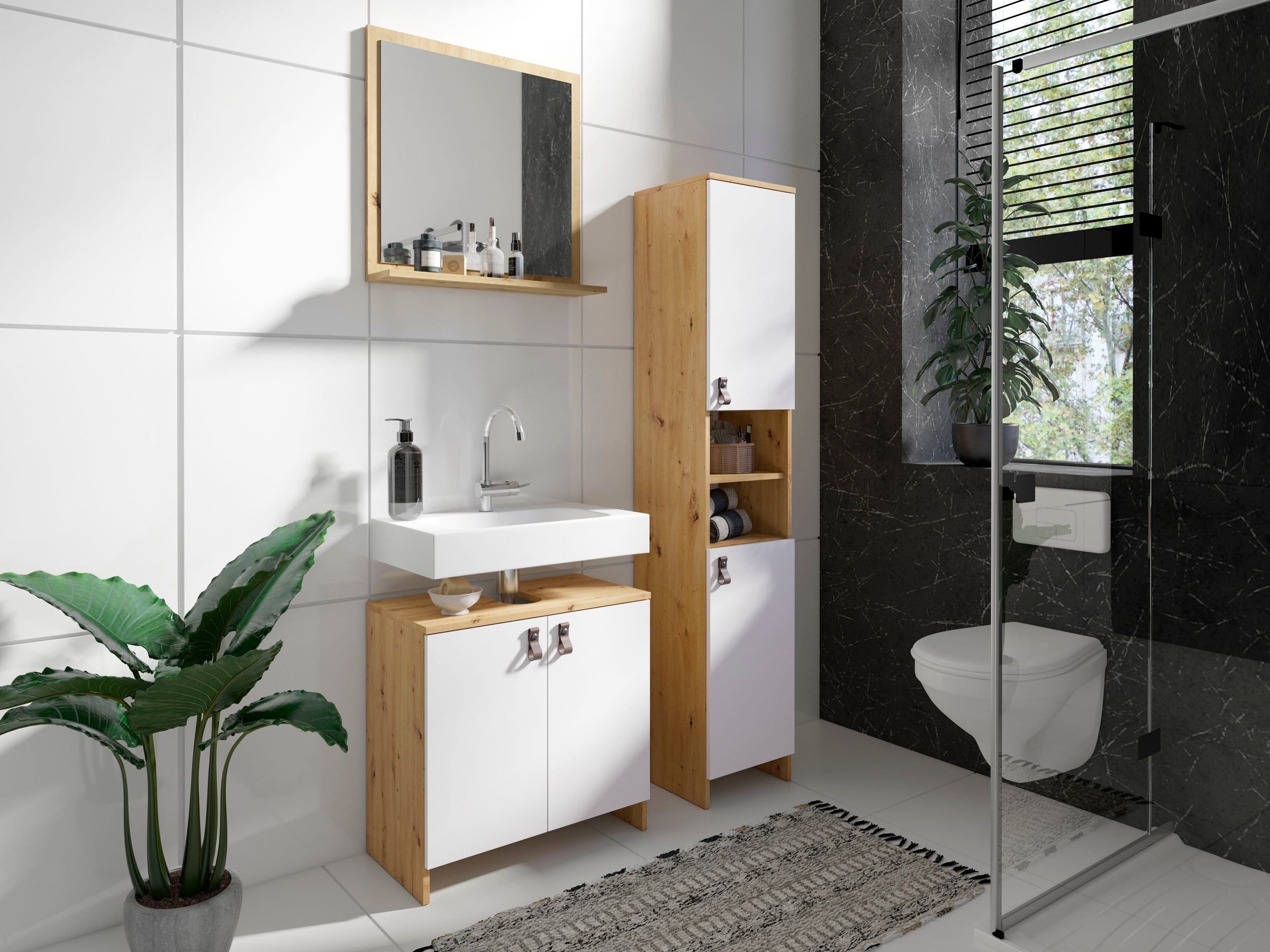 Homexperts Waschbeckenunterschrank »New Port«, Badezimmerschrank in  skandinavischem Design mit Kunstledergriffen kaufen | BAUR