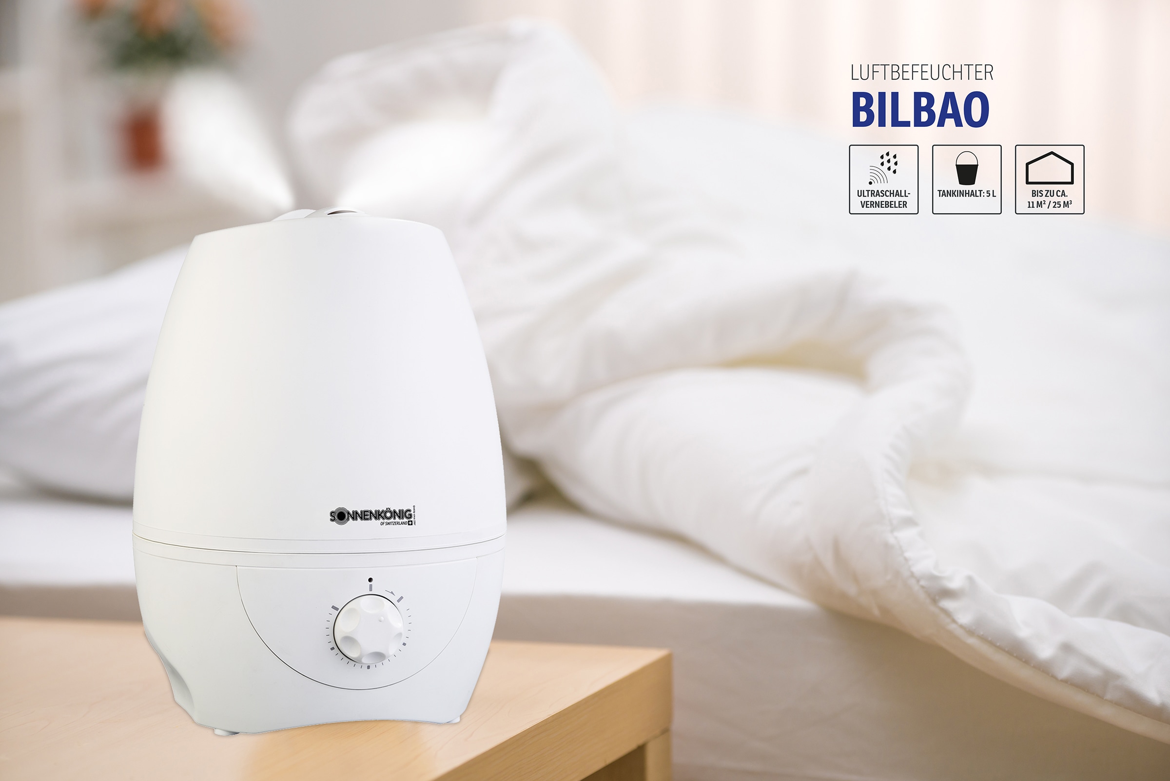 Sonnenkönig Luftbefeuchter »Bilbao, 5L Tank, 0.35L/h, Auto-Off, inkl. Filter zum Entkalken,«, einfache Bedienung, laufruhig