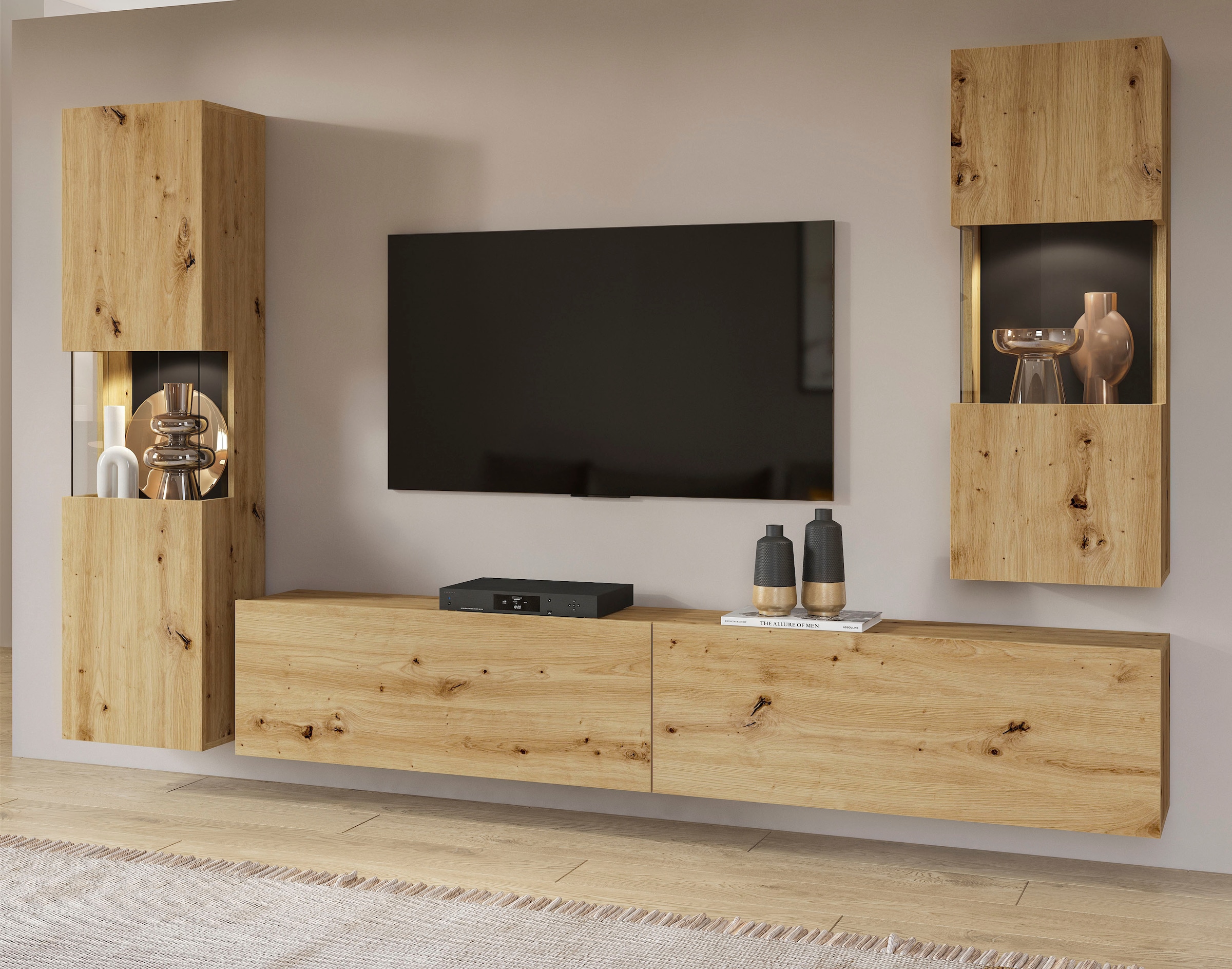 INOSIGN Wohnwand »Ava, Wohnzimmer-Set hängend/stehend montierbar, Vitrine, Lowboard«, 3-tlg.