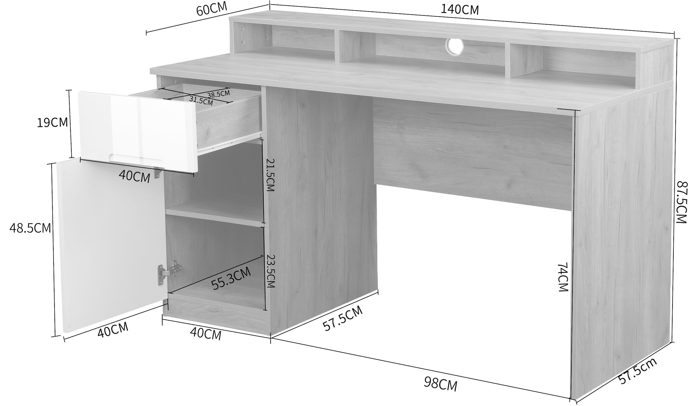 andas Schreibtisch »Lund«, (Computertisch mit Kabeldurchlass & Schublade), Monitoraufsatz, Hochglanzfronten, Breite 140 cm