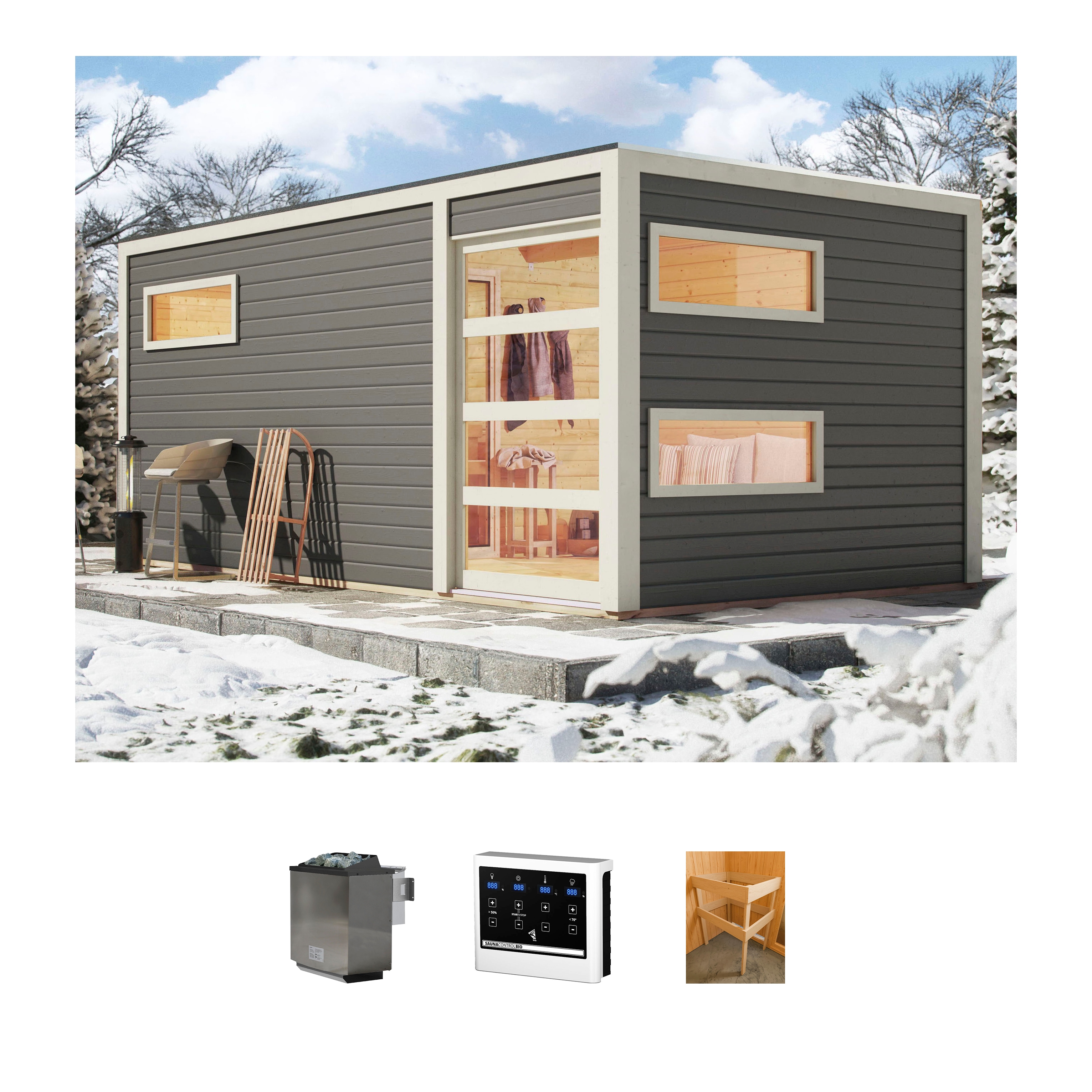 KONIFERA "Hagen" Set, terragrau, mit Ofen 9 kW Bio externe Steuerung easy