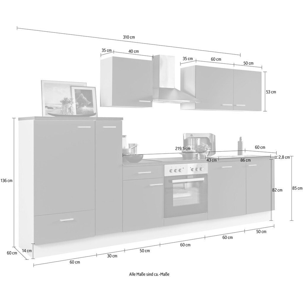Menke Küchen Küchenzeile »White Classic«, Küchenzeile mit E-Geräten, Breite 310 cm