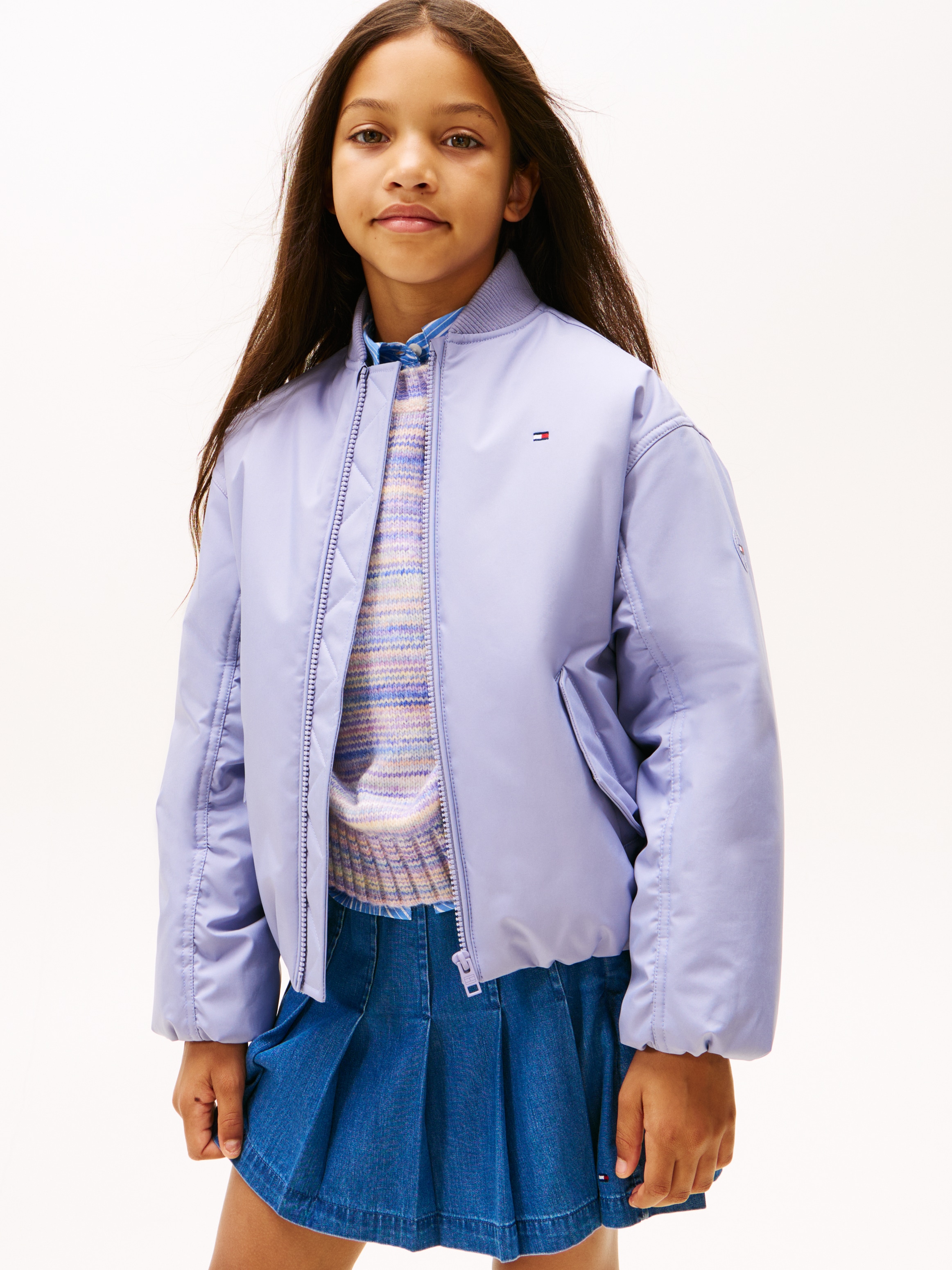 Bomberjacke TOMMY HILFIGER "PADDED BOMBER", Mädchen, Gr. 14 (164), periwinkle dusk, Web, Obermaterial: 100% Polyester, unifarben, regular fit normal, Rundhals, eingesetzt gerader Abschluss, Jacken Bomberjacke, Regular fit, für Kinder bis 16 Jahre