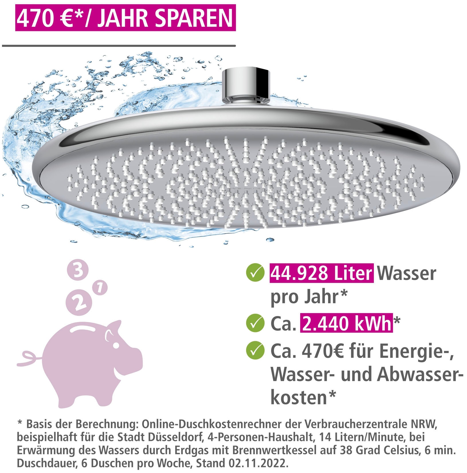 WENKO Regenduschkopf »Watersaving System«, Regenduschkopf Watersaving, Durchmesser 20 cm